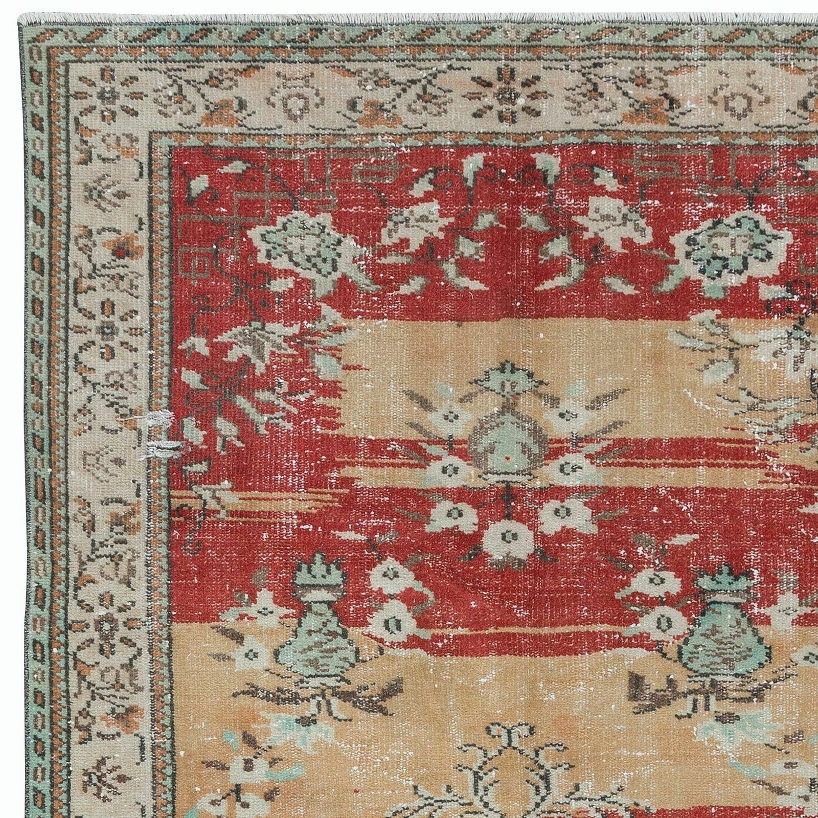 5.5x9 Ft Unusual Mid Century Art Deco Rug, Hand Knotted Carpet In Red & Beige photo Textiles