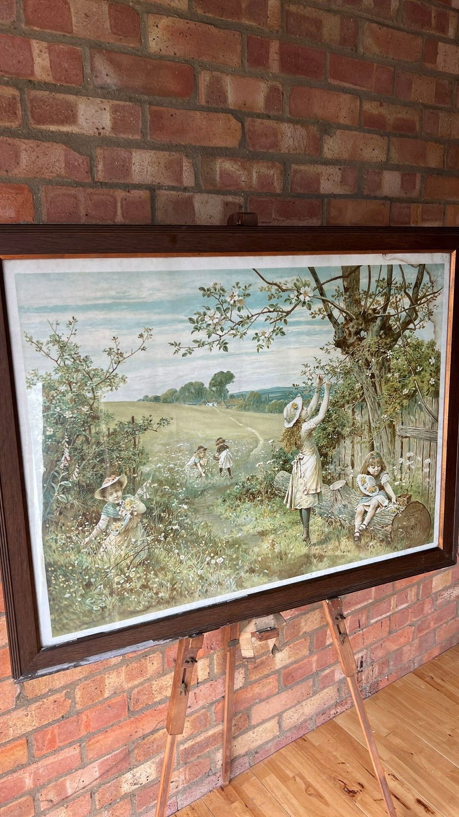 Extra Large Antique Framed Lithograph Life’s Sunny Spring   William Stephen Coleman [Depicts Victorian Girls Gathering Flowers]