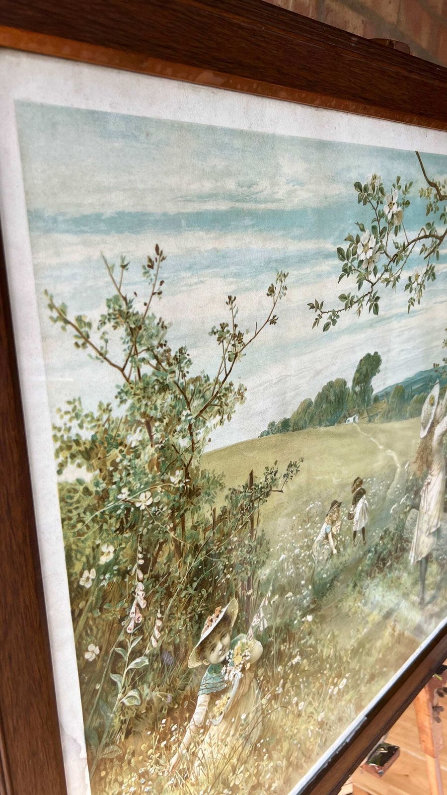 Extra Large Antique Framed Lithograph Life’s Sunny Spring   William Stephen Coleman [Depicts Victorian Girls Gathering Flowers] photo furniture