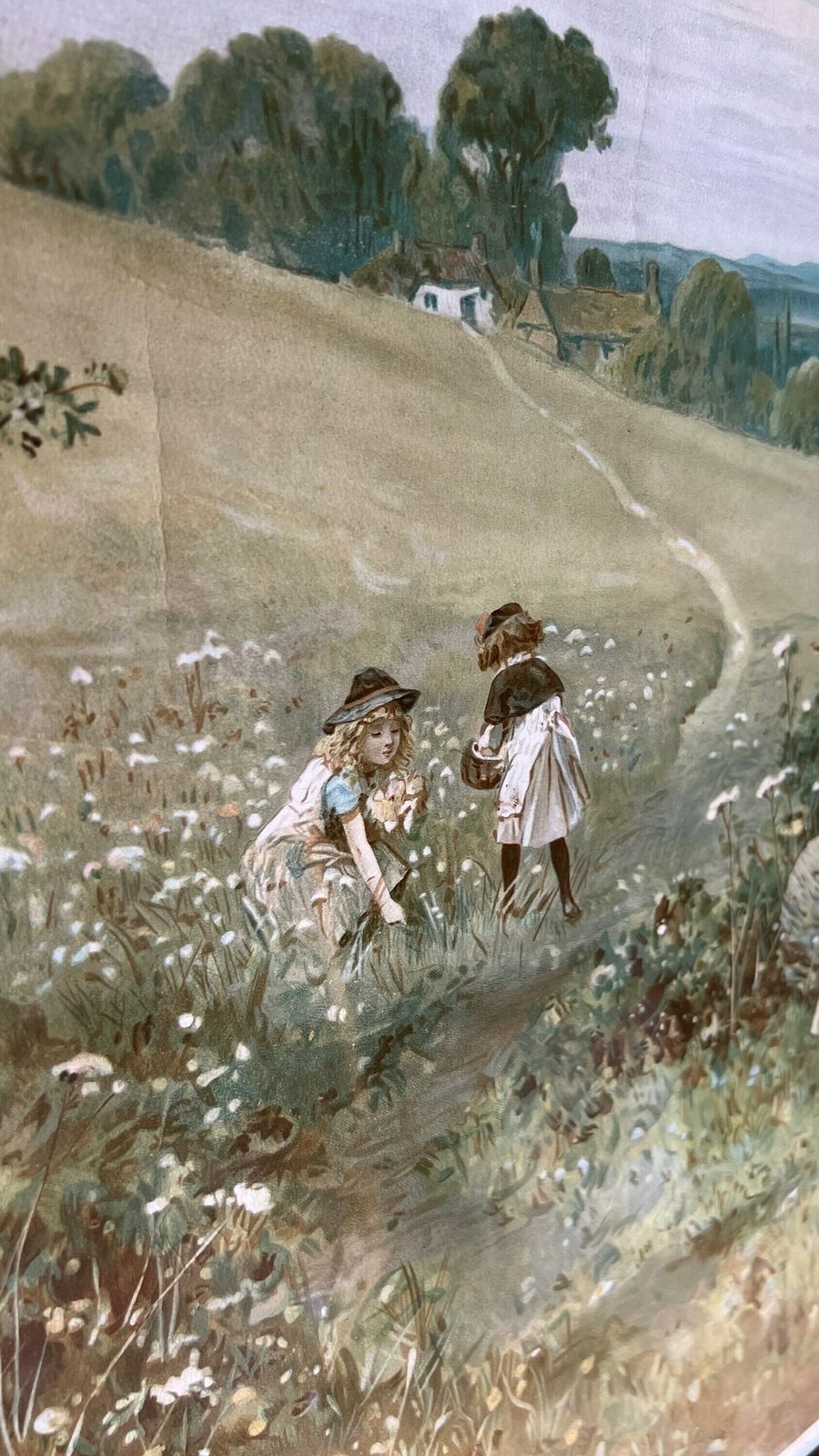 Extra Large Antique Framed Lithograph Life’s Sunny Spring   William Stephen Coleman [Depicts Victorian Girls Gathering Flowers] photo Art