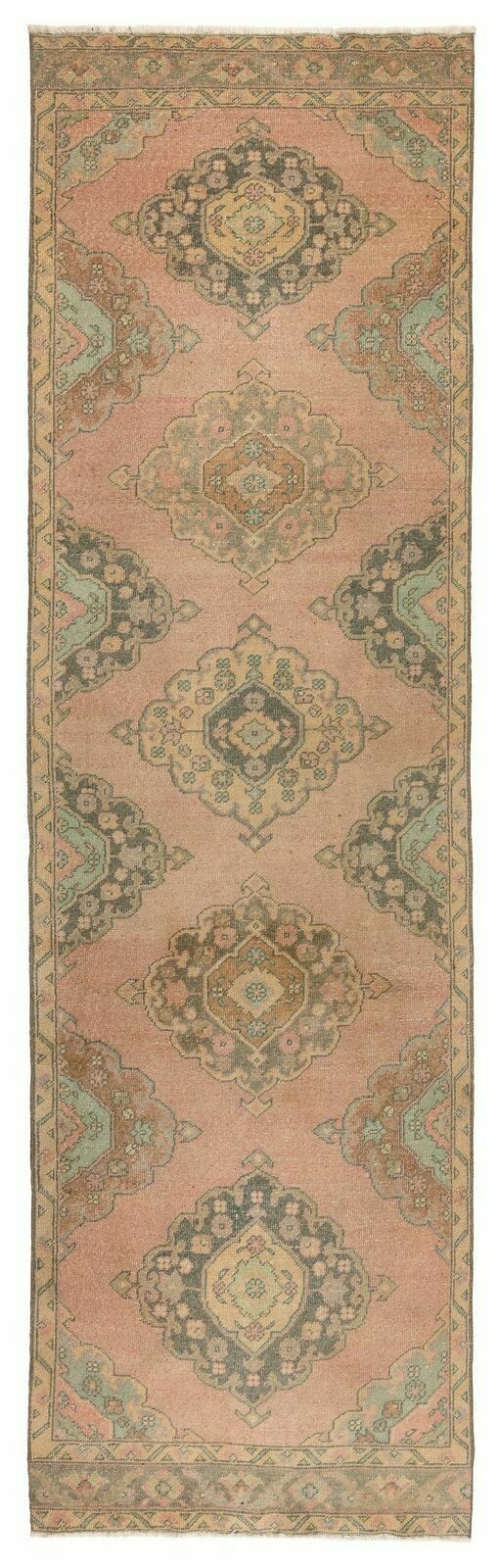 3.7x12.2 Ft Vintage Anatolian Wool Runner Rug In Faded Coral And Light Blue