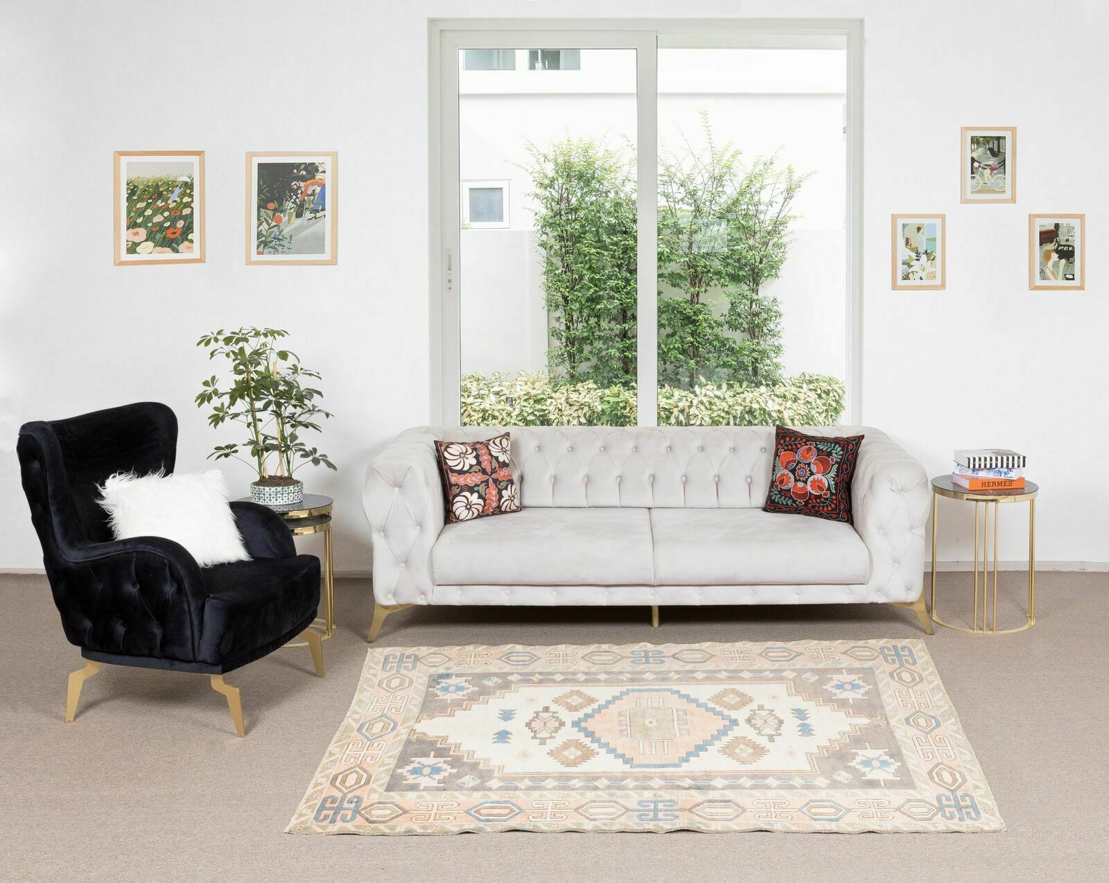 1960's Geometric Wool Area Rug, Vintage Hand Knotted Turkish Carpet photo furniture