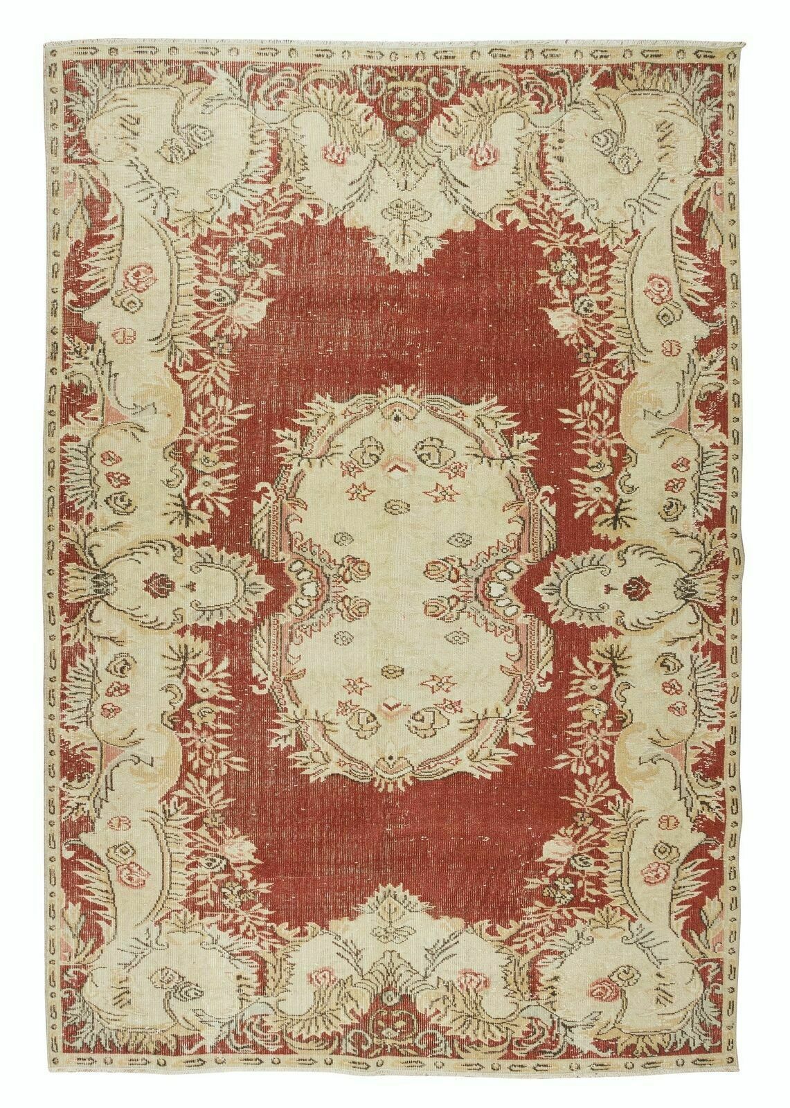 6.3x10 Ft One Of A Kind Vintage Handmade Turkish Wool Rug In Red & Beige