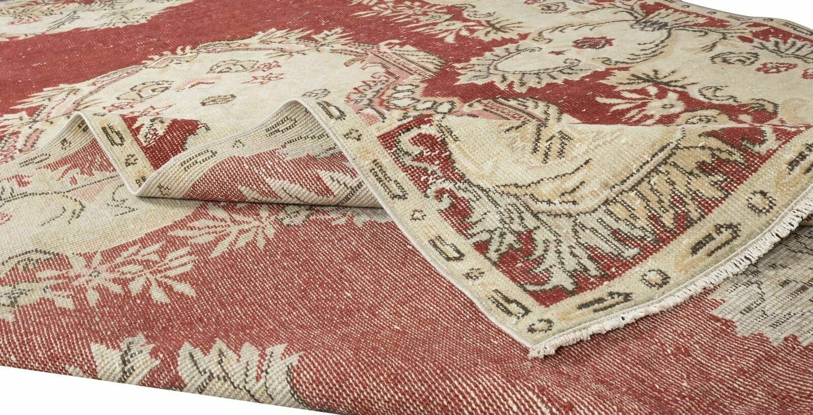 6.3x10 Ft One Of A Kind Vintage Handmade Turkish Wool Rug In Red & Beige photo for sale
