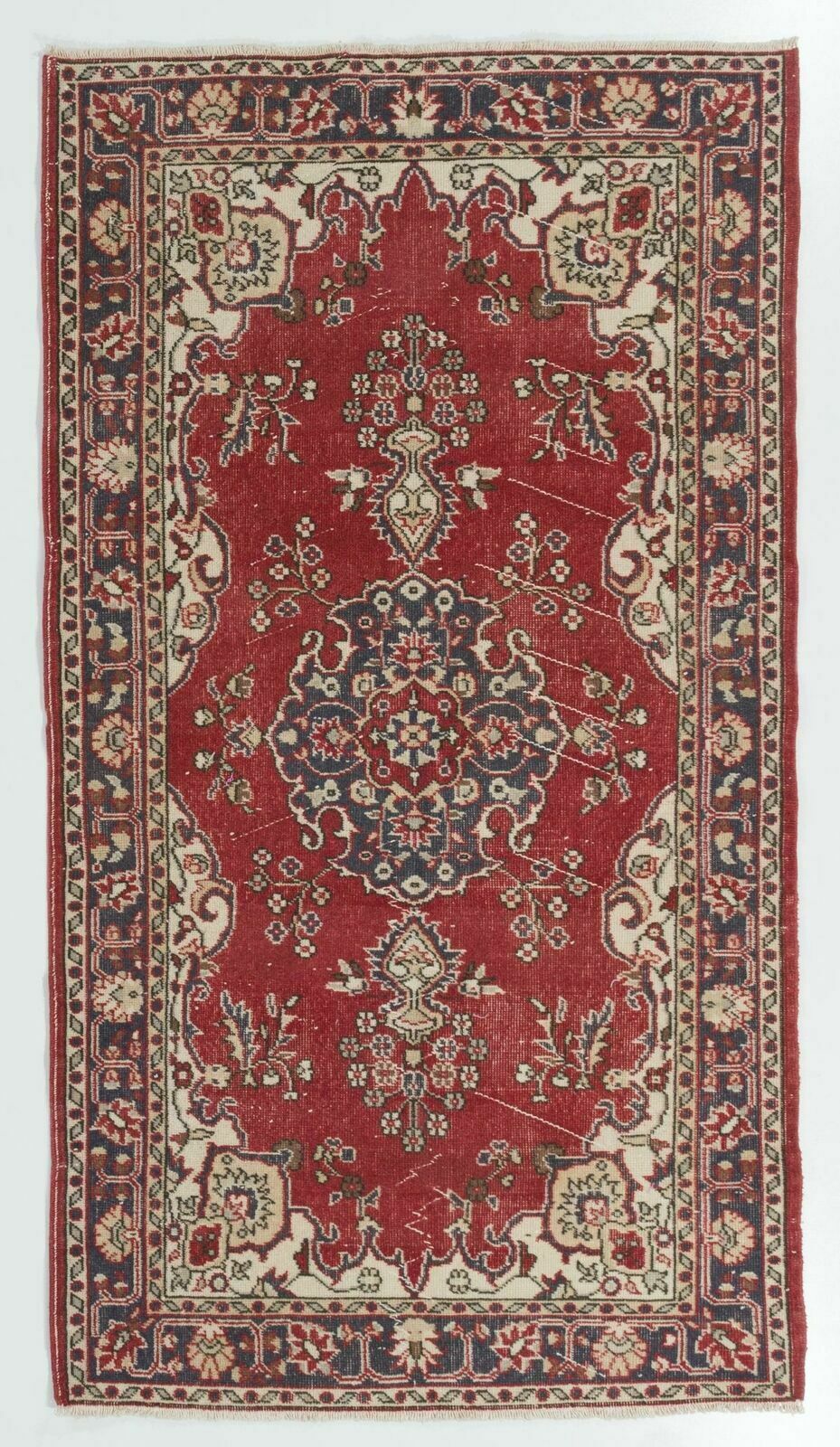 4x7.1 Ft One Of A Kind Vintage Hand Knotted Turkish Rug In Red And Ivory