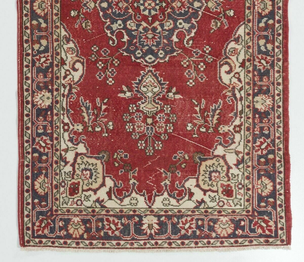 4x7.1 Ft One Of A Kind Vintage Hand Knotted Turkish Rug In Red And Ivory photo for sale