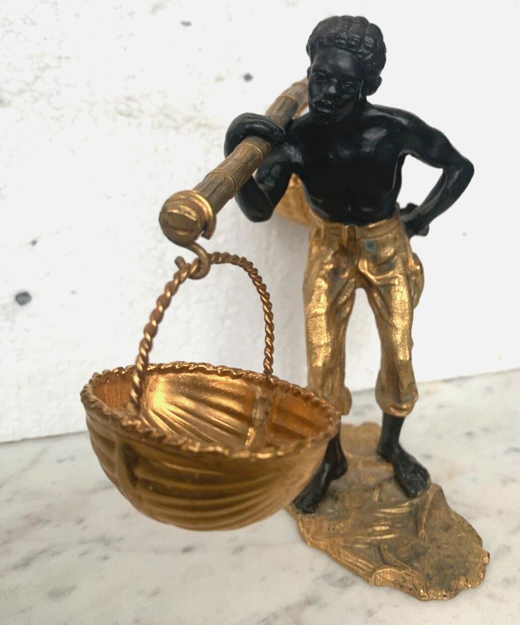 Bronze Group With Double Patina "Man With Basket Pendulum" 20th Century photo furniture