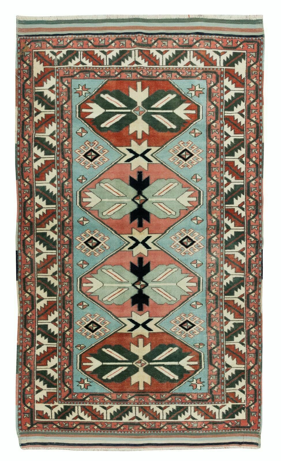 3.5x5.8 Ft Unique Vintage Handmade Turkish Geometric Wool Rug
