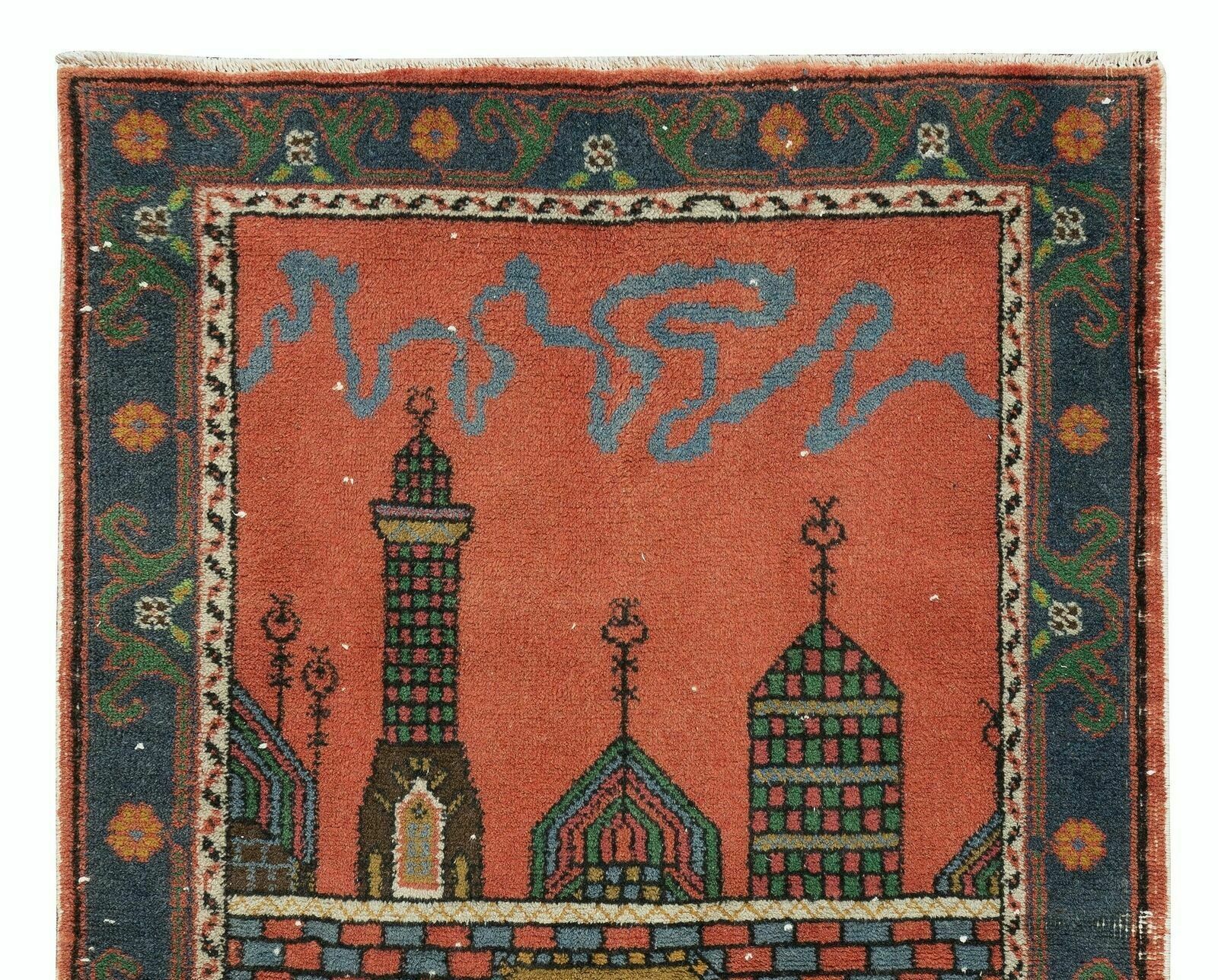 Handmade 1960s Prayer Rug With Mosque Motif, Turkish Wool Accent Rug photo Textiles