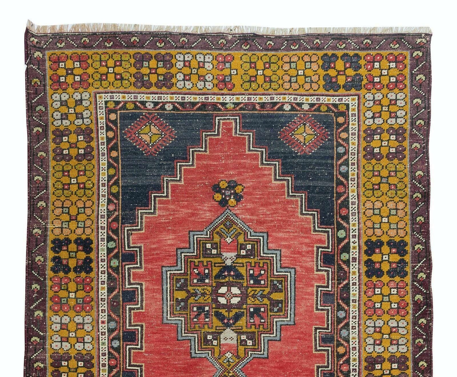 3.7x6.6 Ft Vintage Handmade Oriental Rug In Red, Gold, Dark Blue, Pink & Green photo Textiles