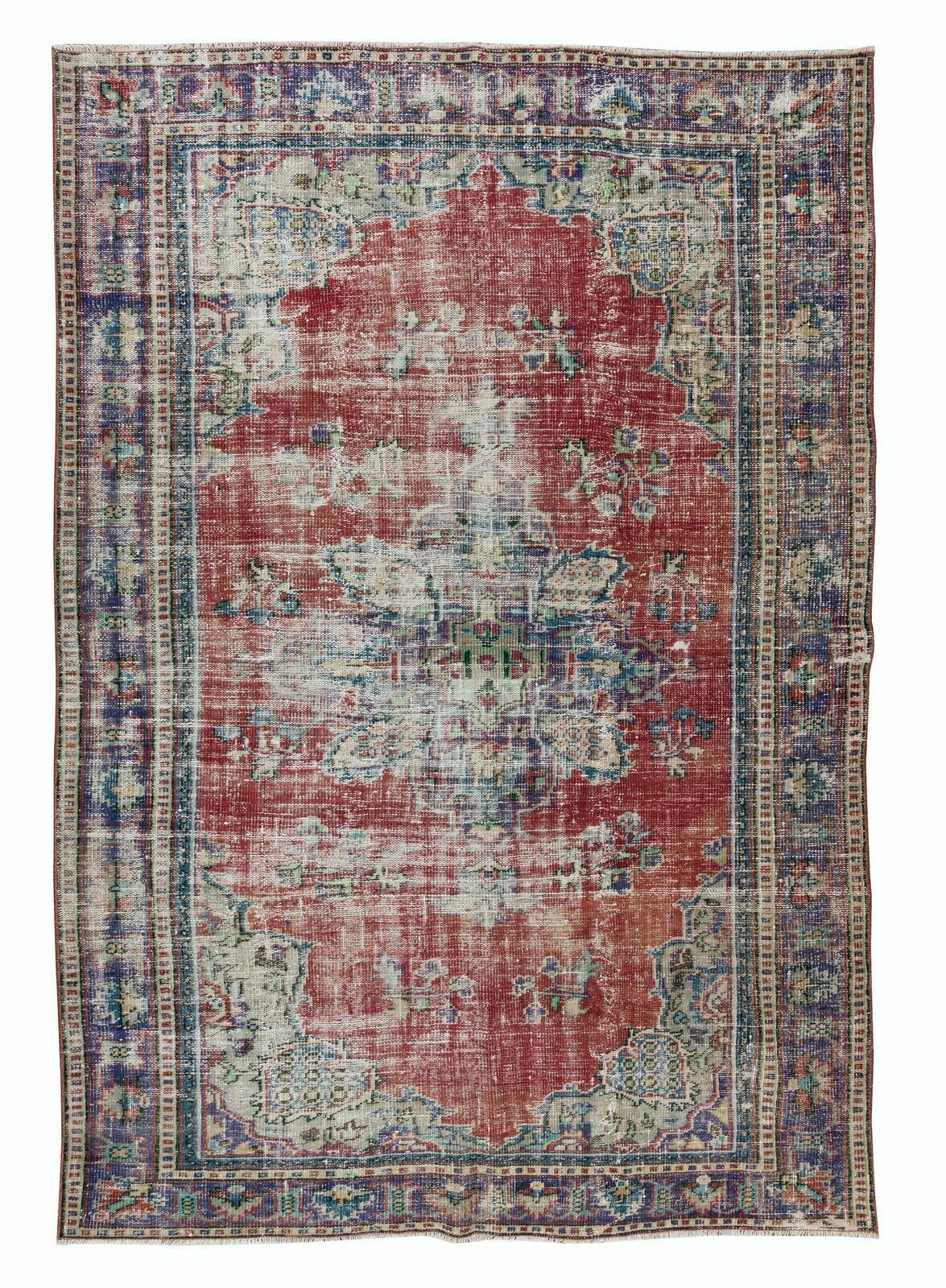 6.6x9.6 Ft Vintage Distressed Handmade Turkish Area Rug With Medallion Design