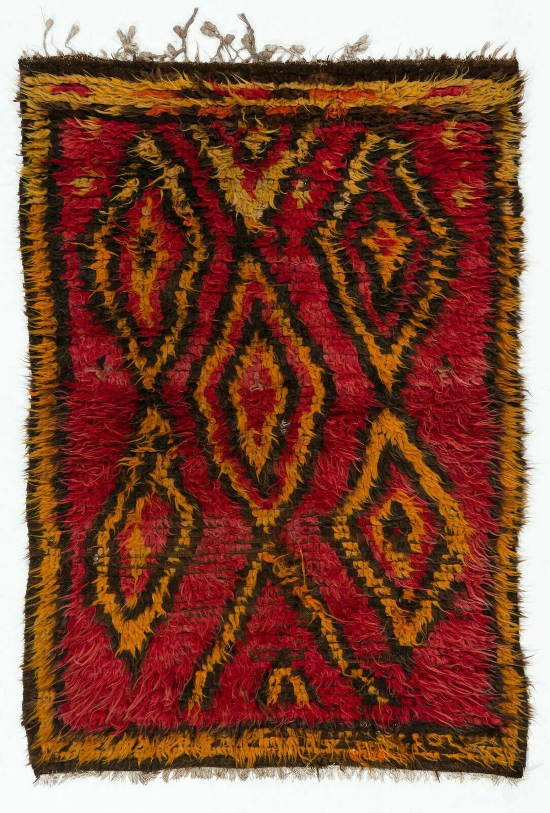 3.8x5.5 Ft Funky One Of A Kind Vintage Tulu Rug, Made Of Red, Orange, Brown Wool