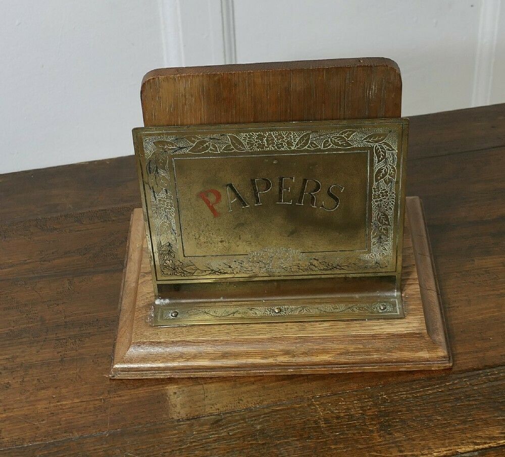 Art Nouveau Table Top Brass And Oak News Paper Rack photo furniture
