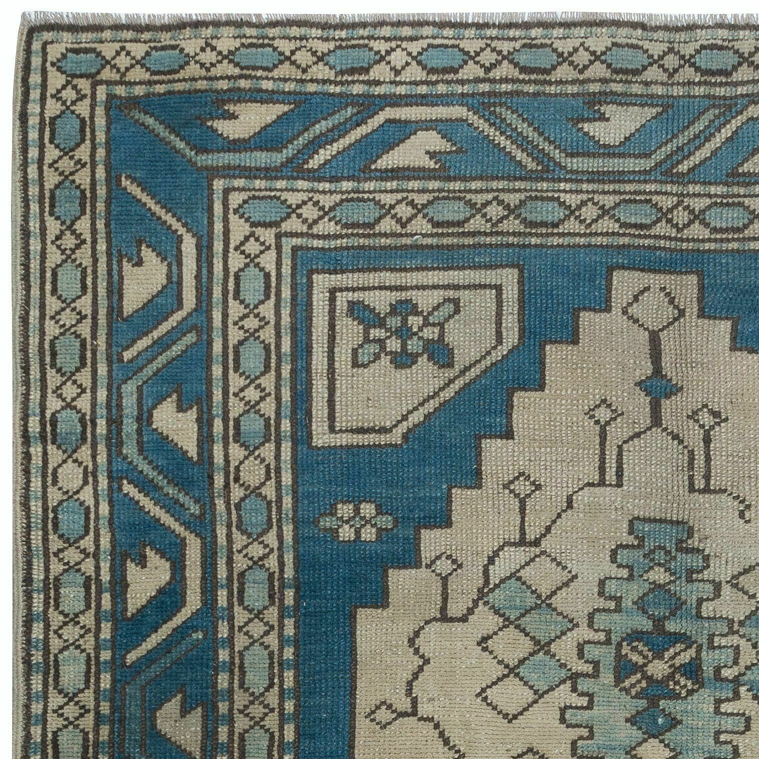 4x6 Ft Vintage Turkish Rug In Dark Blue & Beige, Handmade Wool Village Carpet photo Textiles