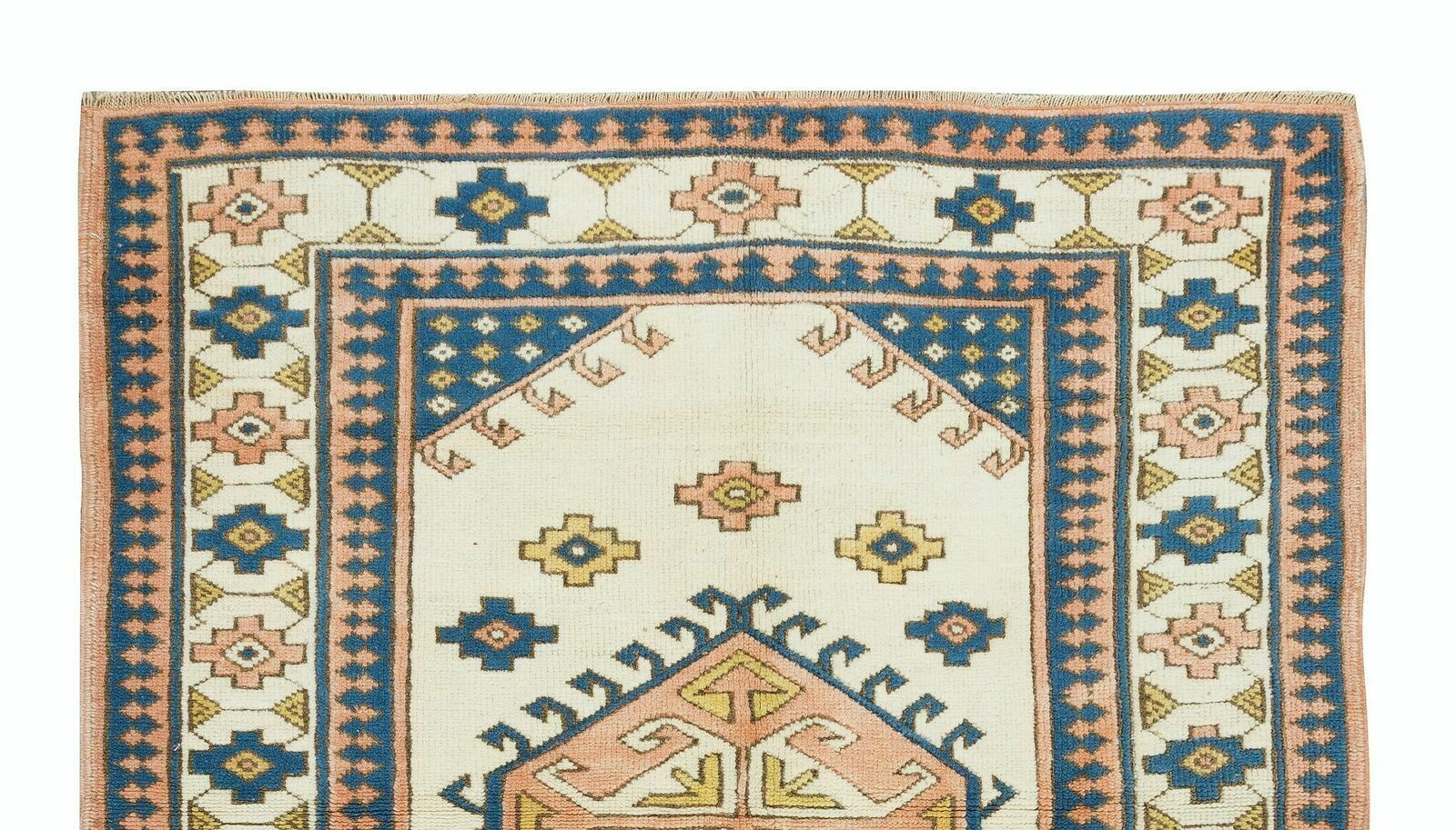 4.6x5.3 Ft Vintage Turkish Wool Rug, One Of A Kind Geometric Hand Knotted Carpet photo Textiles