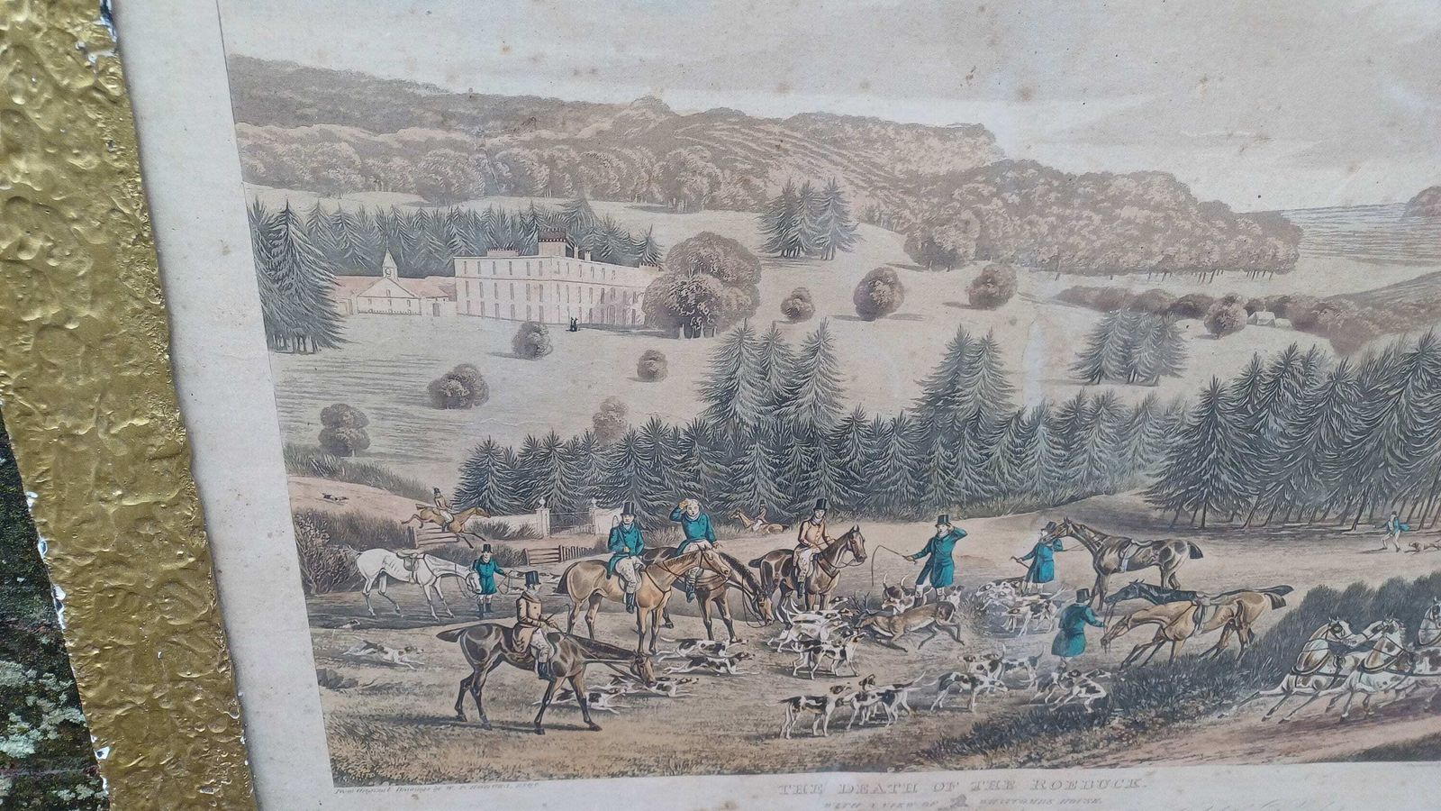 Antique Aquatint "Death Of The Roebuck" At Whatcombe House Drawing By W.P. Hodges, Engraving By M. Alken & R.C. Reeve Pub Mclean London 1834 photo vintage