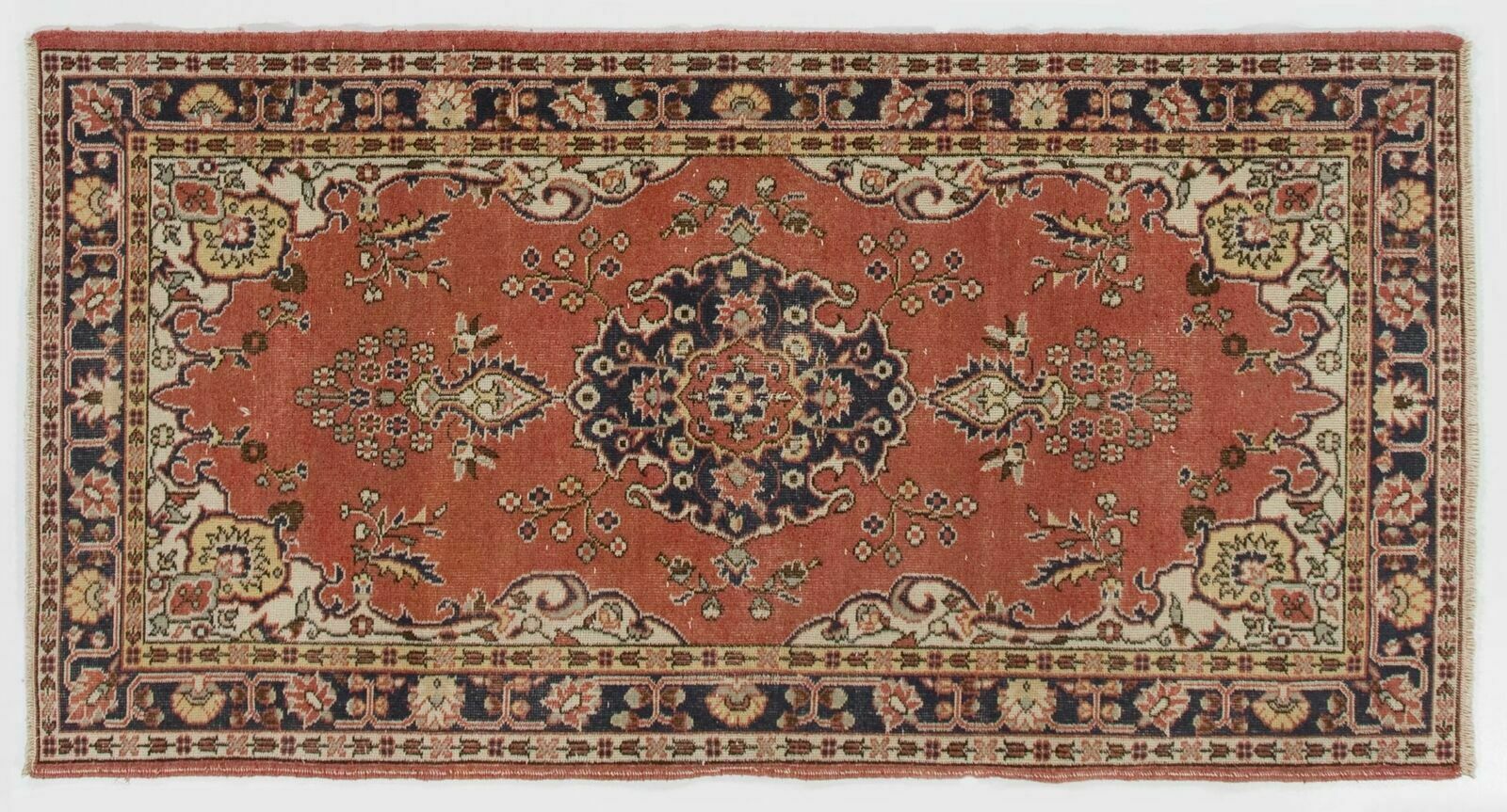 4x7.3 Ft Vintage Hand Made Rug In Red And Ivory. Authentic 1950s Floor Covering photo 241.0