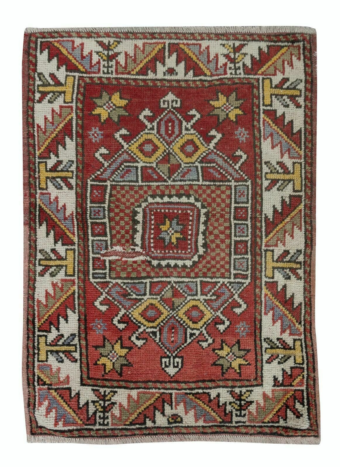 2.4x3.2 Ft Handmade Geometric Medallion Design Rug, Vintage Turkish Red Carpet