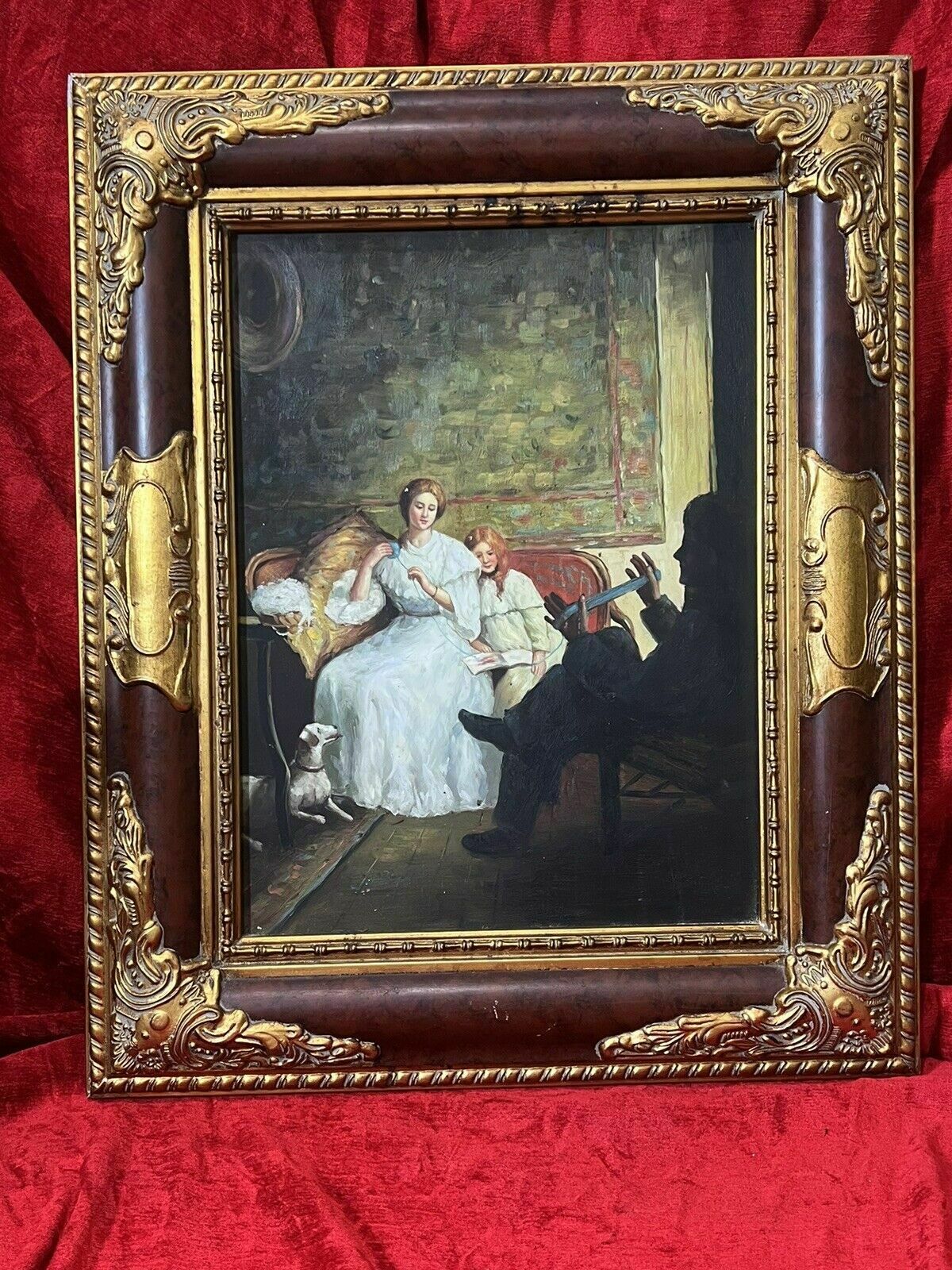 20th Century Victorian Family Interior Scene Of 'Winding Wool' Oil Painting photo furniture
