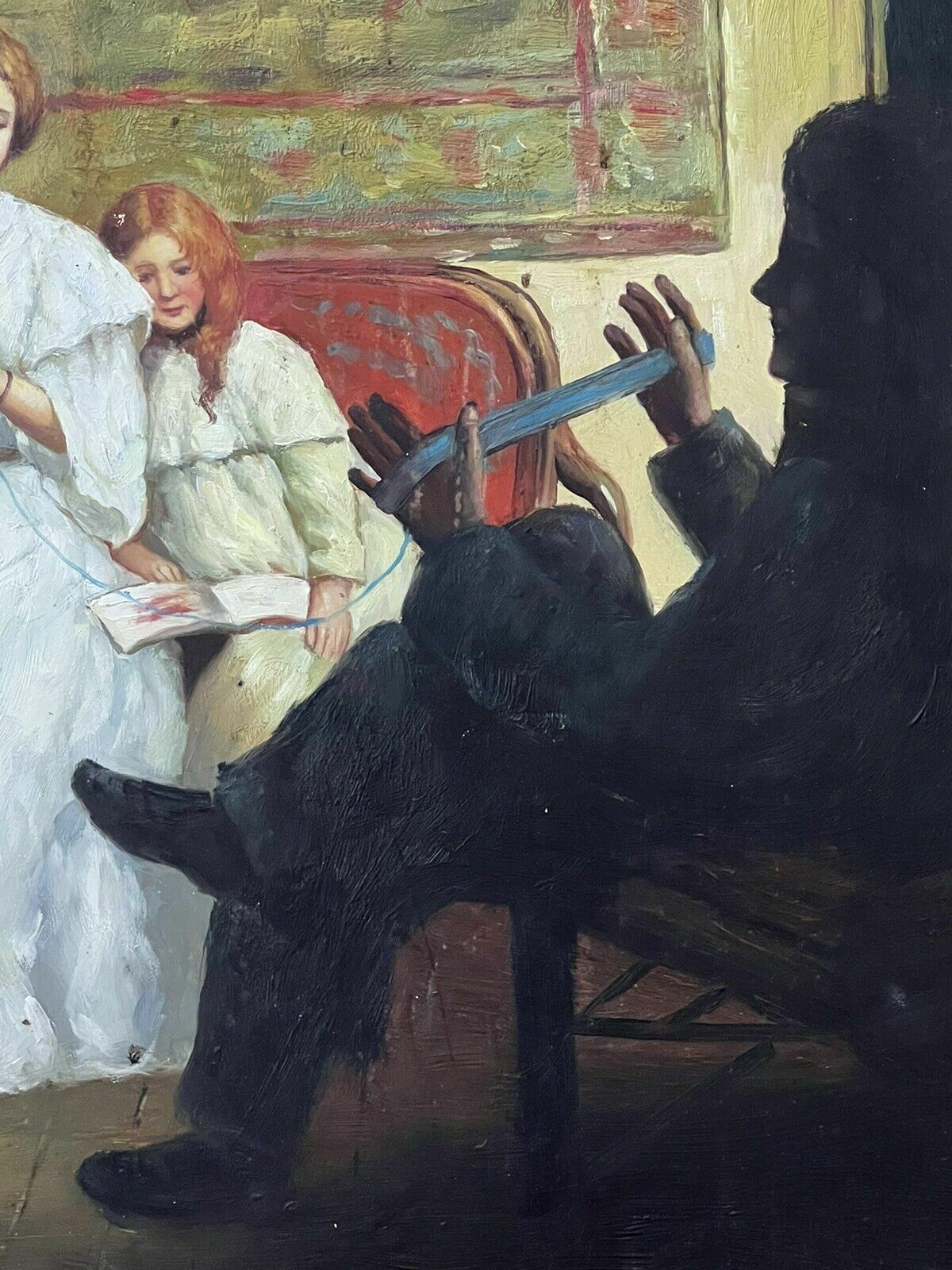 20th Century Victorian Family Interior Scene Of 'Winding Wool' Oil Painting photo 350.0