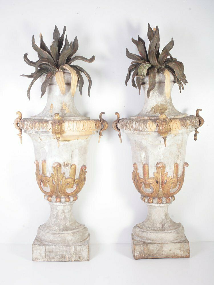 Large 18th Century Bohemian Decorative Lime Wood Vases, Set Of 2