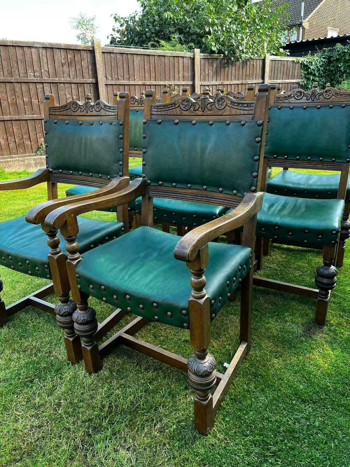 Set Of 8 Solid Antique Carved Dining Chairs Made Up Of 2 Carvers And 6 Chairs In Green Leather photo furniture