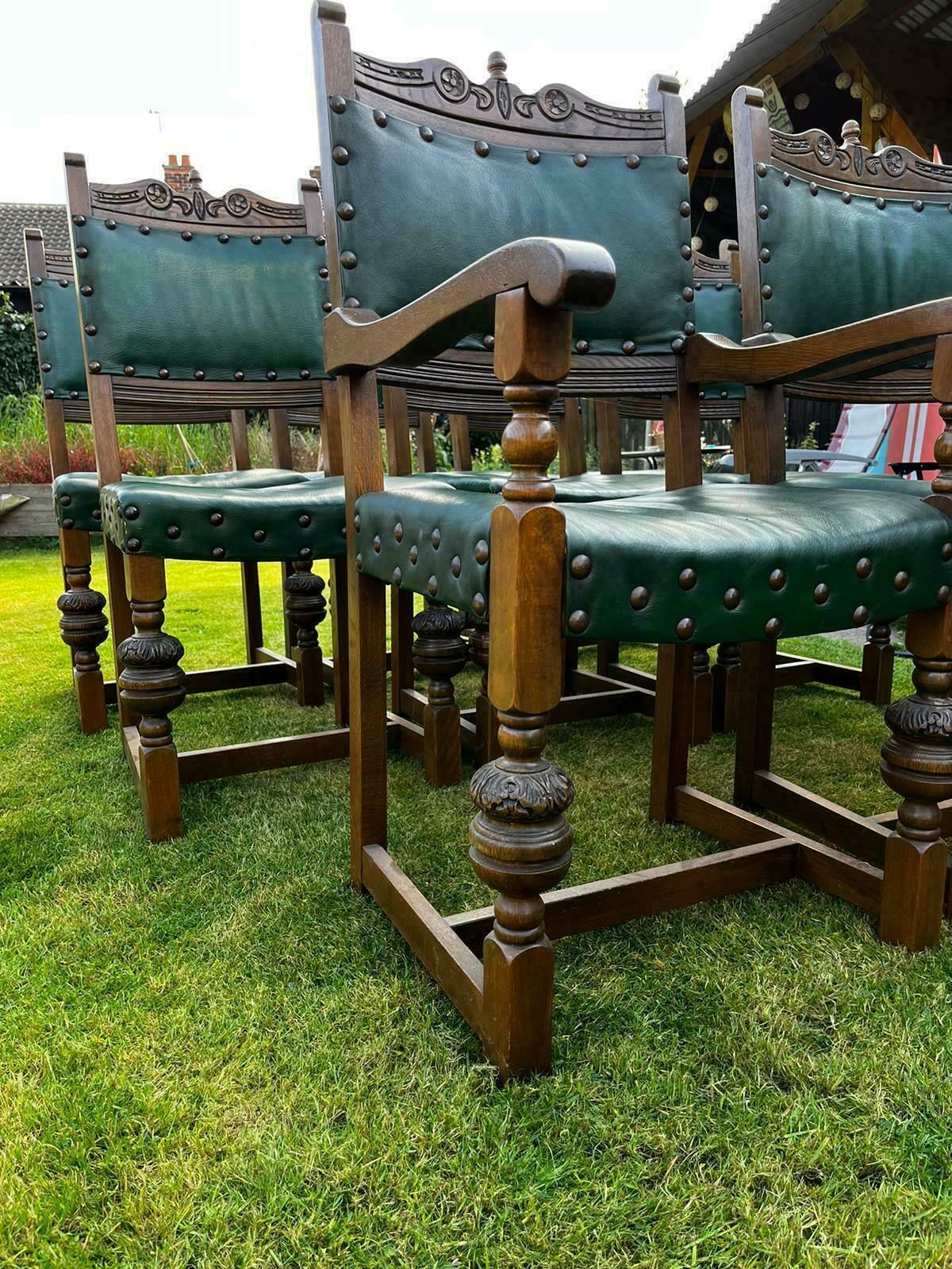 Set Of 8 Solid Antique Carved Dining Chairs Made Up Of 2 Carvers And 6 Chairs In Green Leather photo for sale