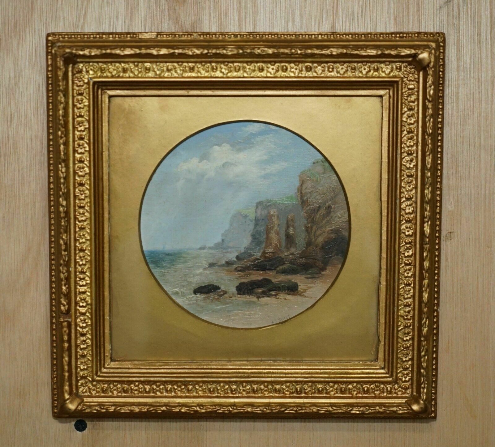 Exquisite A J Sticks Signed Small Oil Painting Frame By S L Nielsen Sea & Cliffs