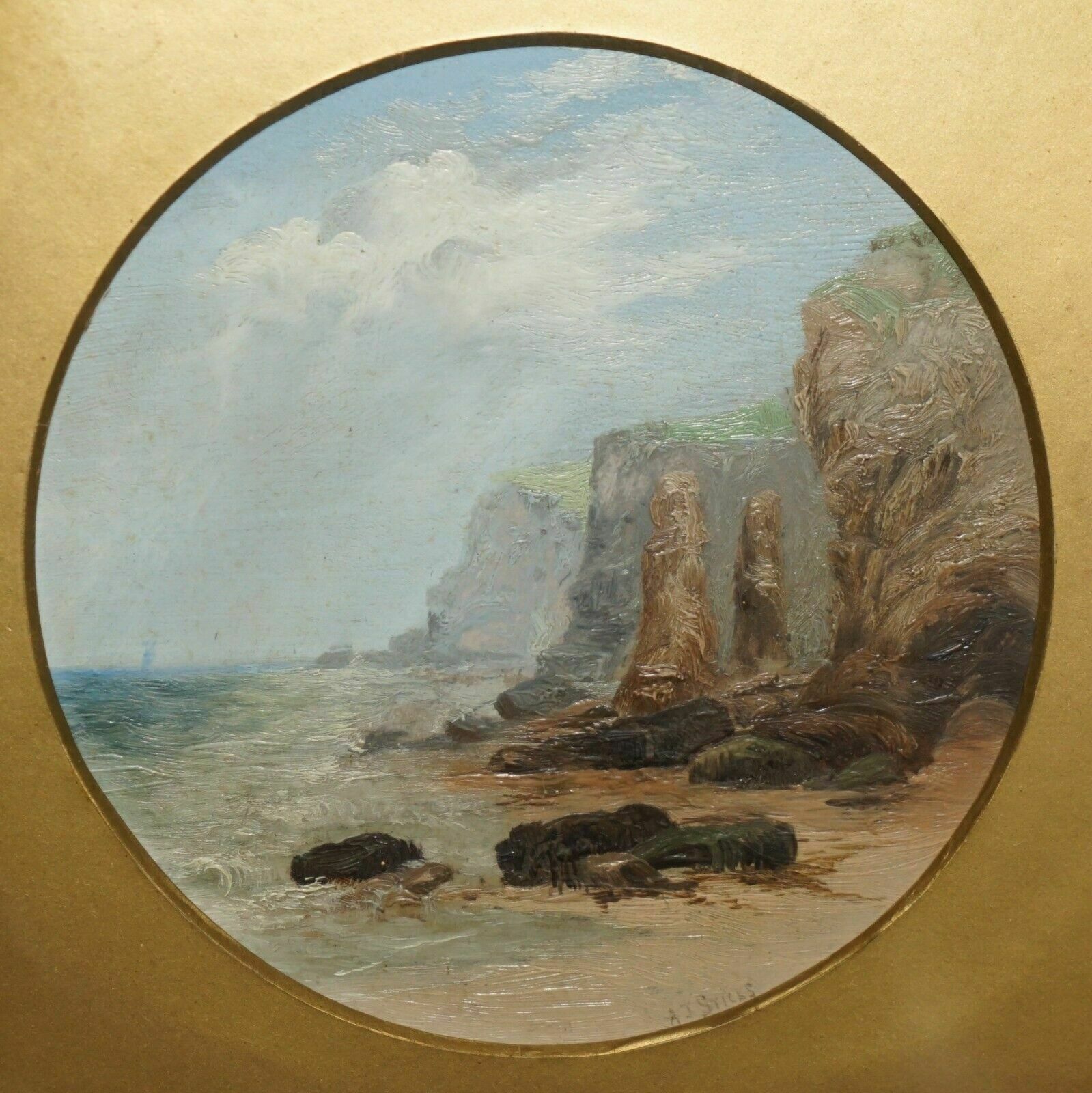 Exquisite A J Sticks Signed Small Oil Painting Frame By S L Nielsen Sea & Cliffs photo furniture