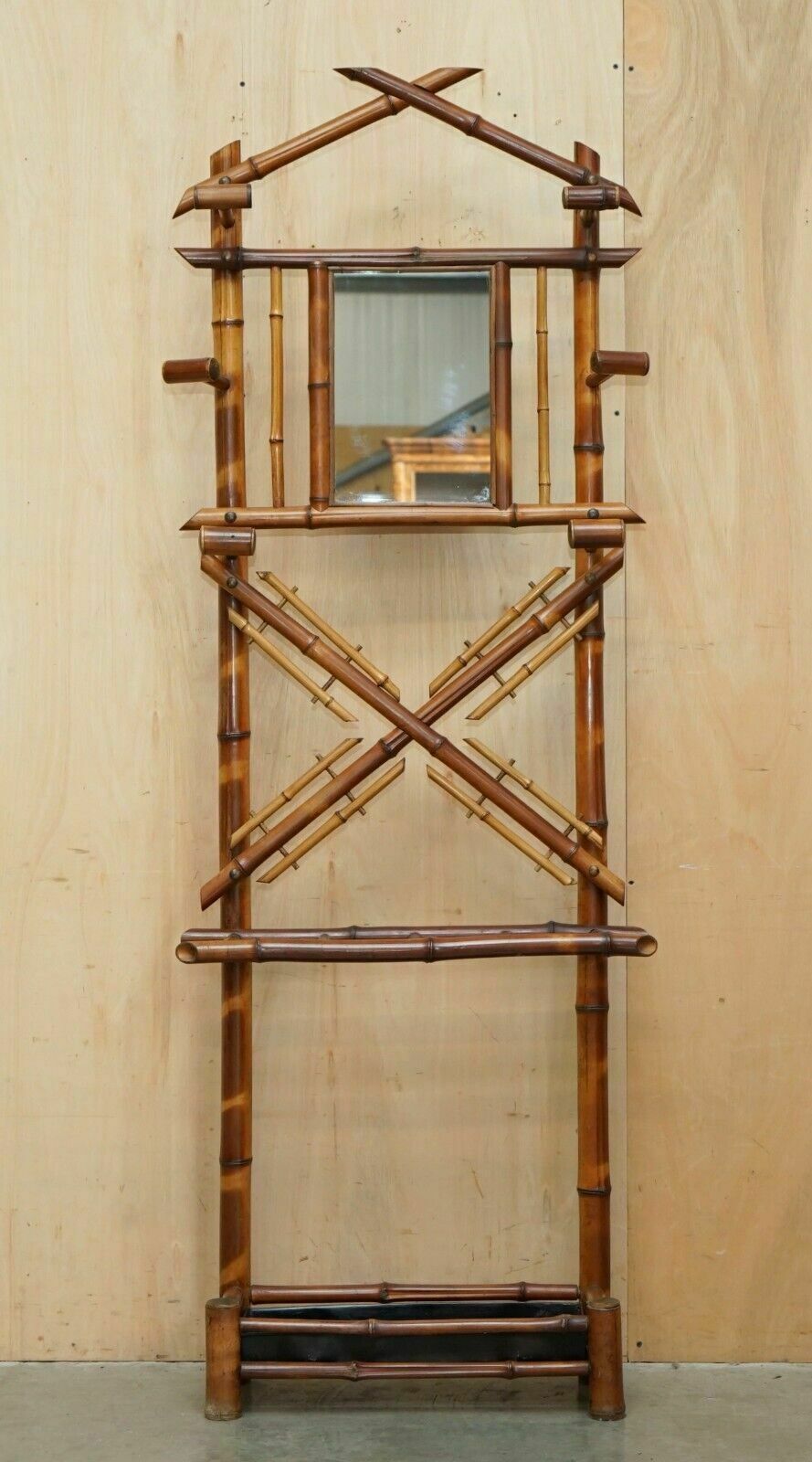 Antique Circa 1920's Art Deco Bamboo Hat Coat Gloves & Scarf Rack With Mirror photo furniture