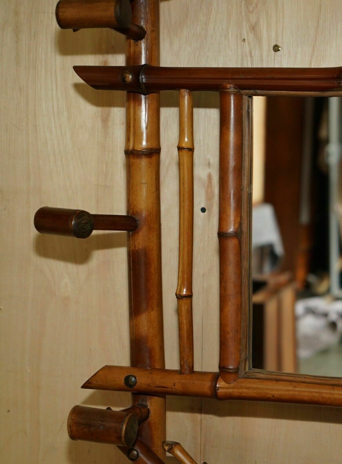 Antique Circa 1920's Art Deco Bamboo Hat Coat Gloves & Scarf Rack With Mirror photo Furniture