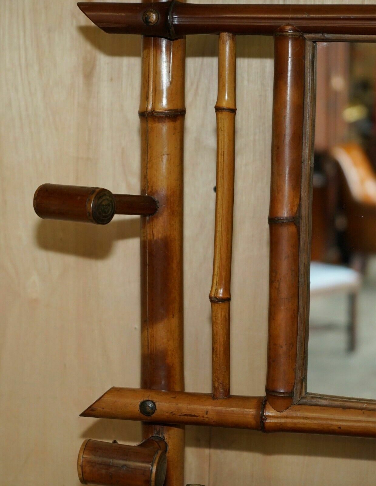 Antique Circa 1920's Art Deco Bamboo Hat Coat Gloves & Scarf Rack With Mirror photo buy