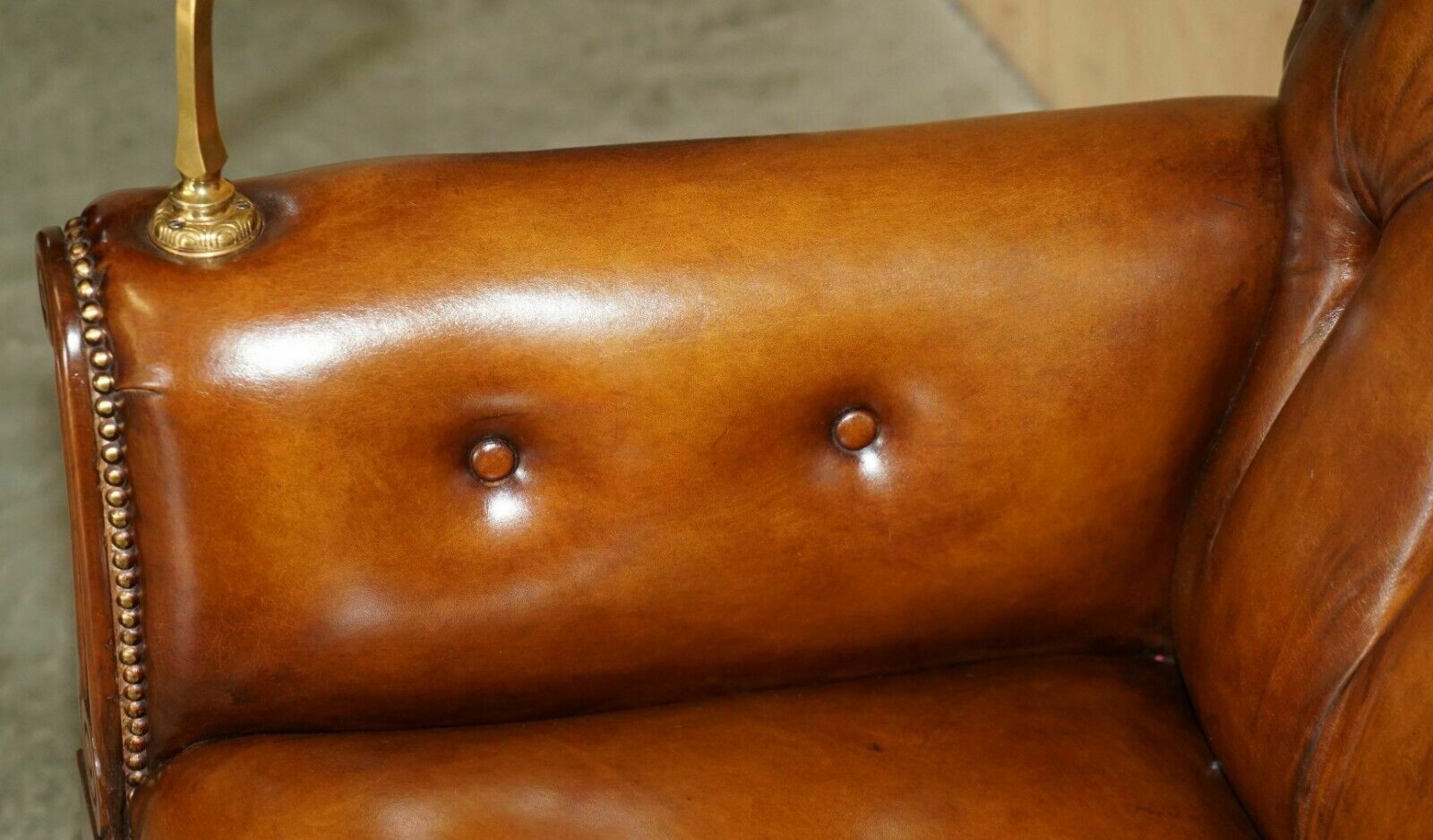 Furniture Restored Antique William IV Chesterfield Brown Leather Armchair + Writing Slope photo