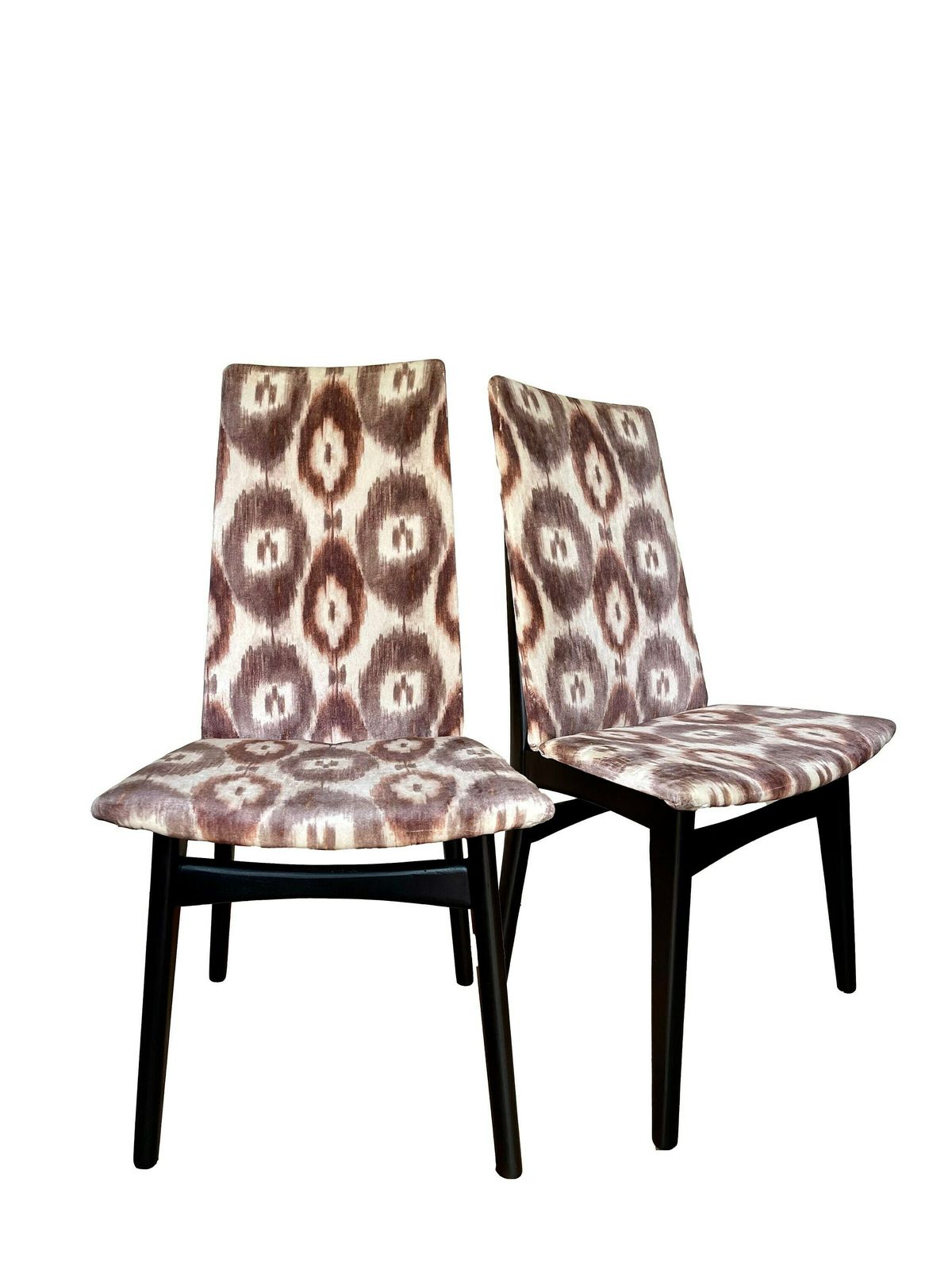 Two Accent Mid Century Teak Framed Chairs Reupholstered In Seventies Inspired Velvet Ikat Print.
