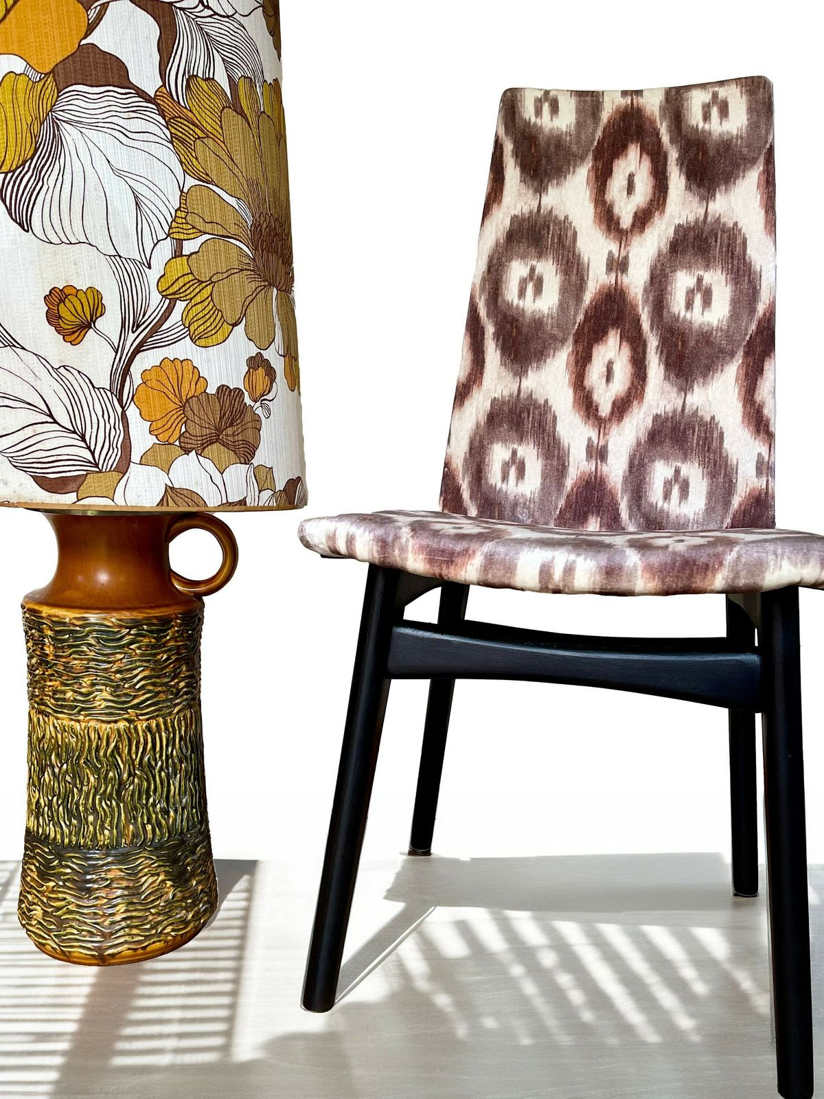 Two Accent Mid Century Teak Framed Chairs Reupholstered In Seventies Inspired Velvet Ikat Print. photo furniture