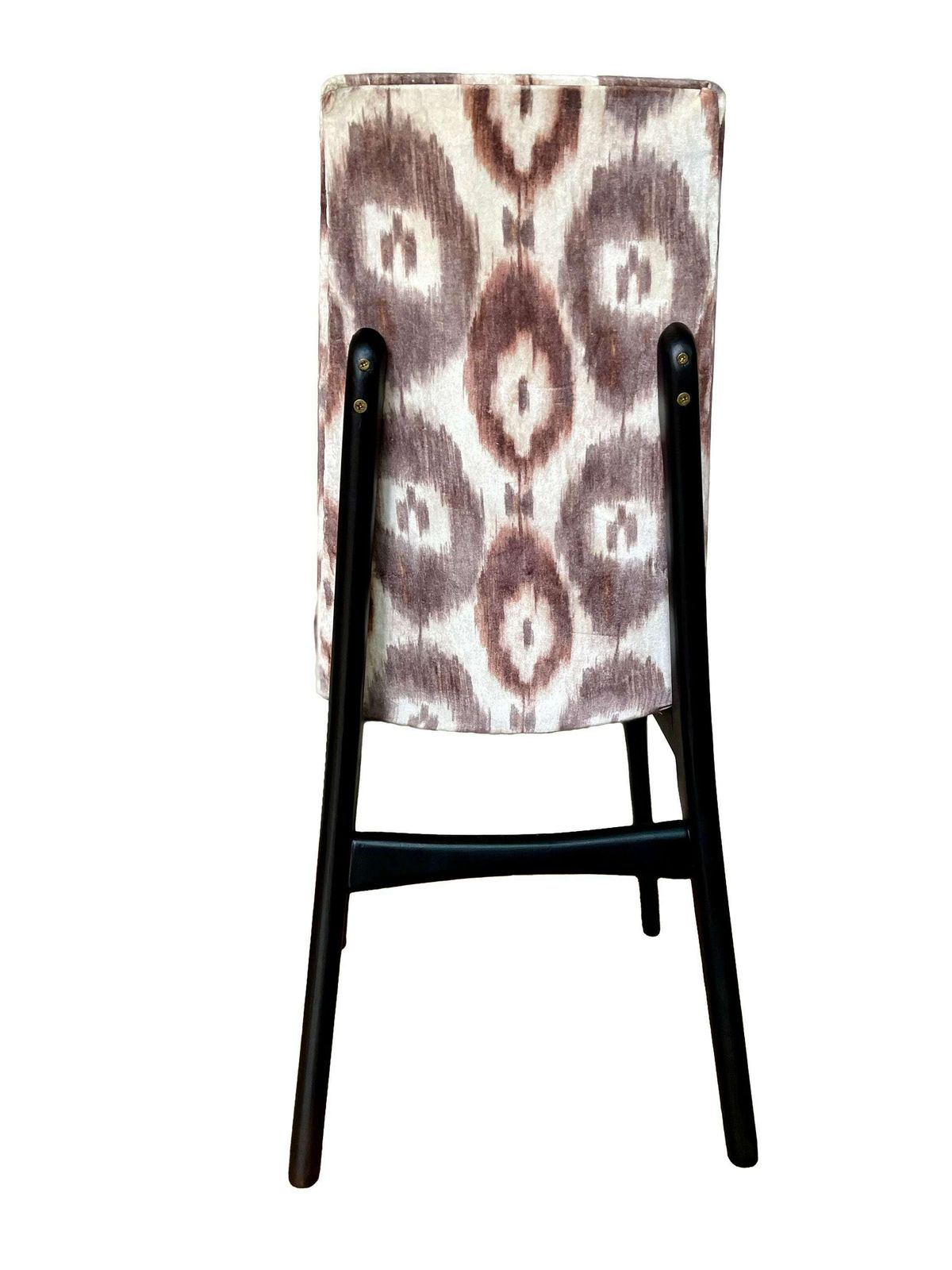 Two Accent Mid Century Teak Framed Chairs Reupholstered In Seventies Inspired Velvet Ikat Print. photo for sale