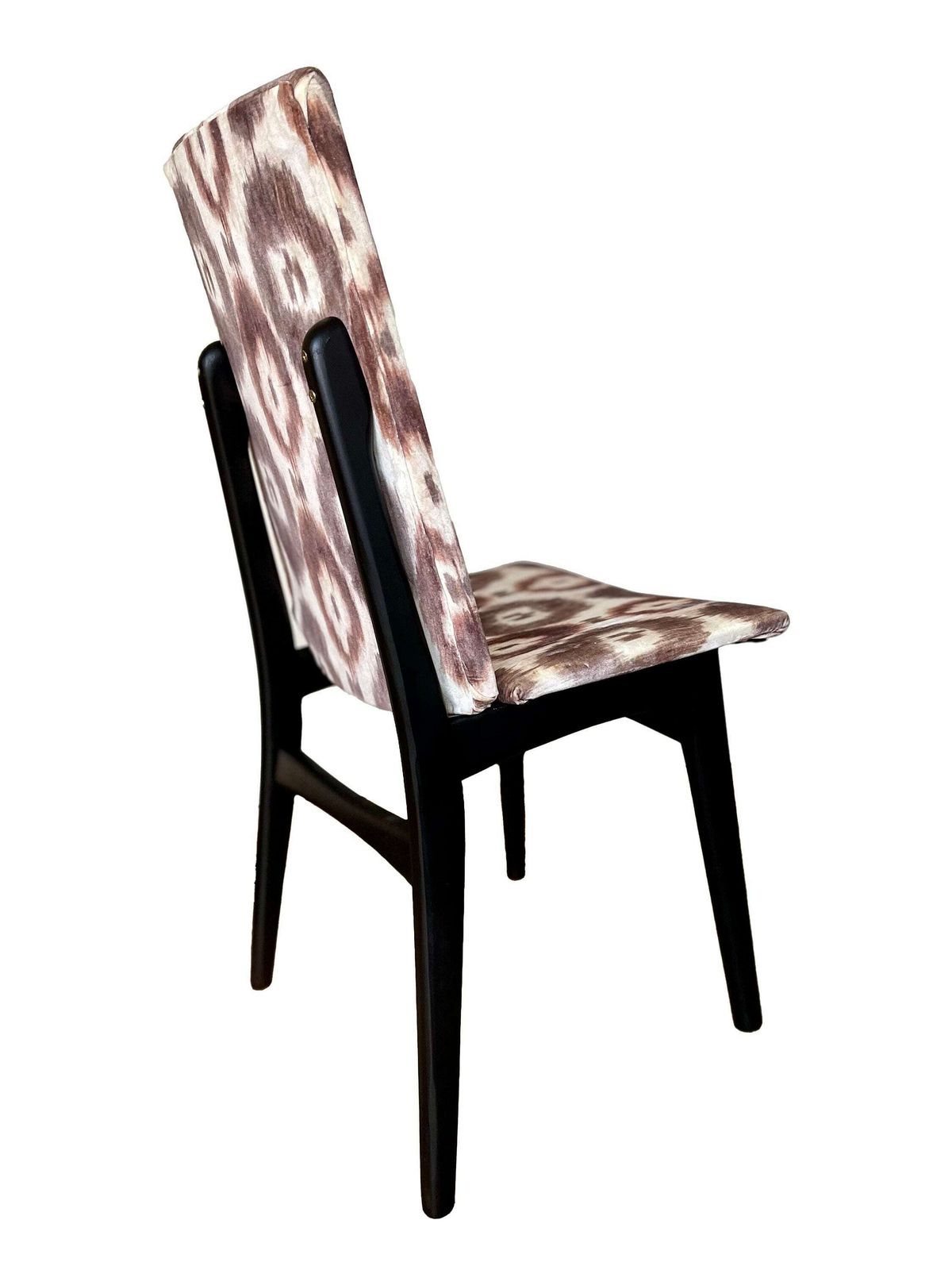 Two Accent Mid Century Teak Framed Chairs Reupholstered In Seventies Inspired Velvet Ikat Print. photo 349.0