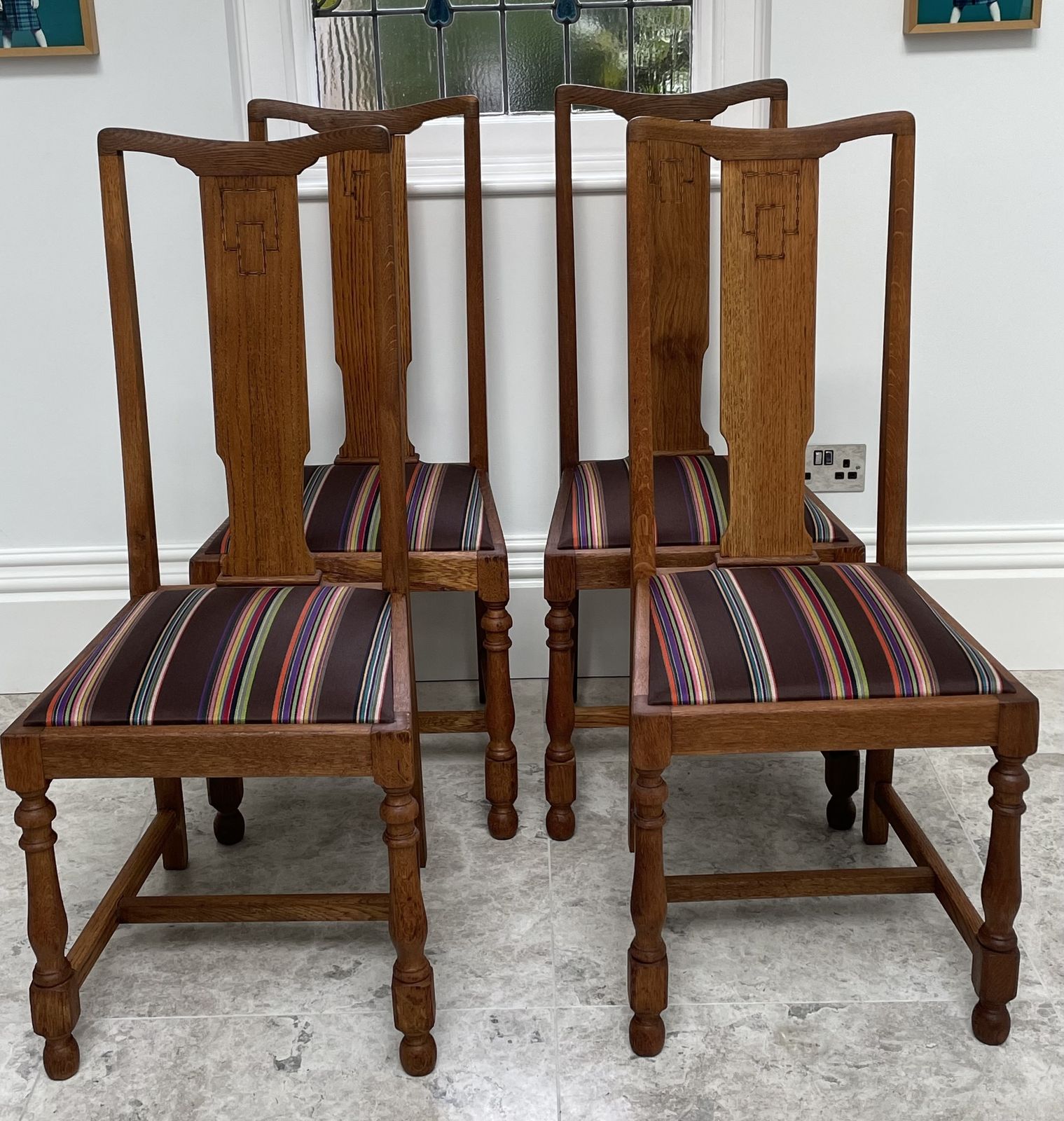 Four Oak Dining Chairs With Inlay Marquetry Detail And Turned Legs. Stripped And Waxed With Reupholstered Cushion Pads