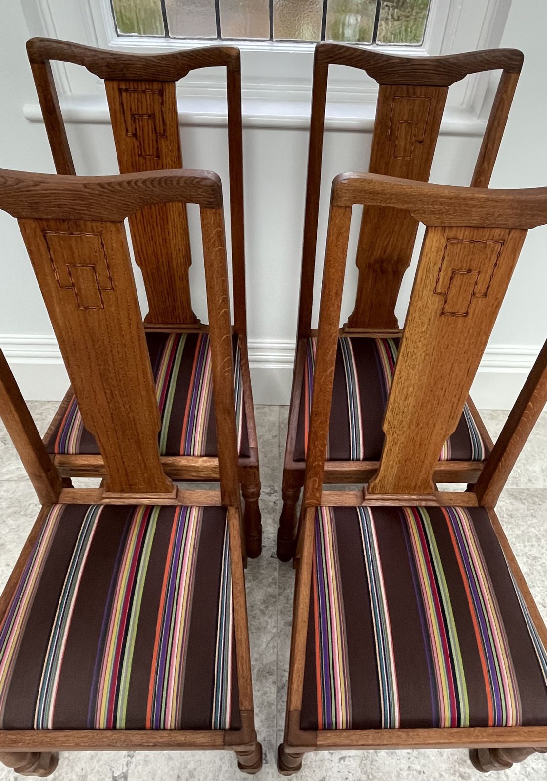 Four Oak Dining Chairs With Inlay Marquetry Detail And Turned Legs. Stripped And Waxed With Reupholstered Cushion Pads photo furniture