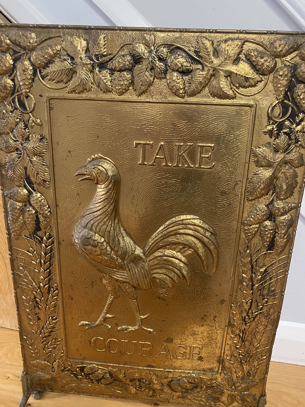 Antique Pressed Iron 19th Century “Take Courage” Ale Fire Place Screen Guard photo for sale