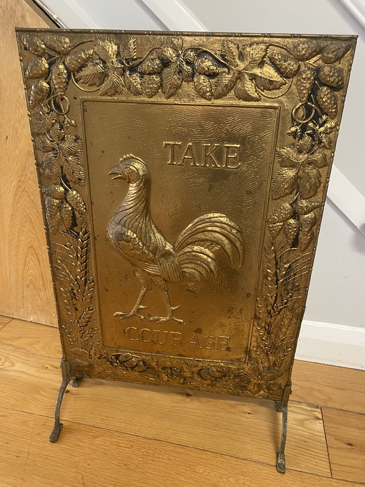 Antique Pressed Iron 19th Century “Take Courage” Ale Fire Place Screen Guard photo Home Fixtures
