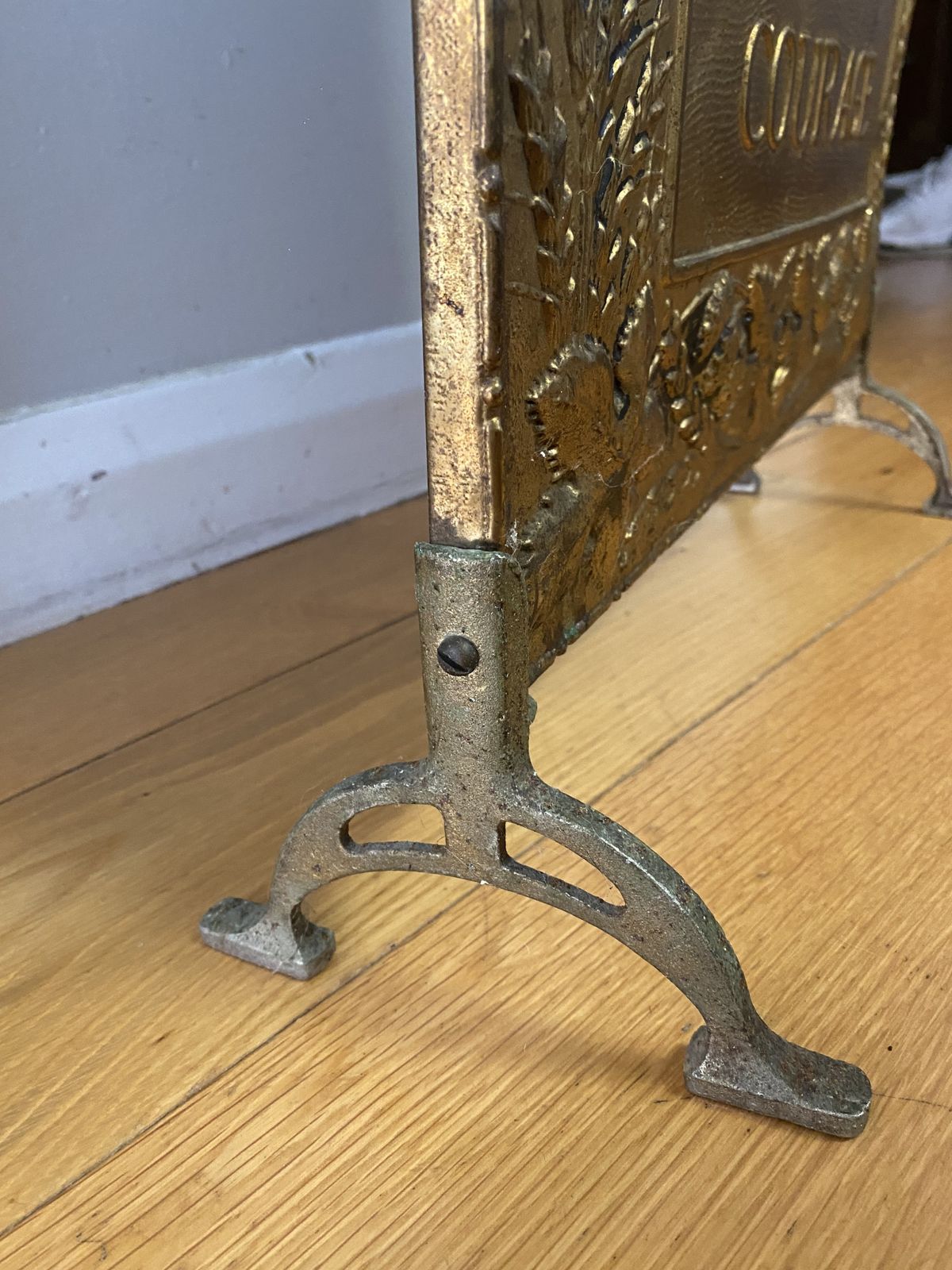 Antique Pressed Iron 19th Century “Take Courage” Ale Fire Place Screen Guard photo buy