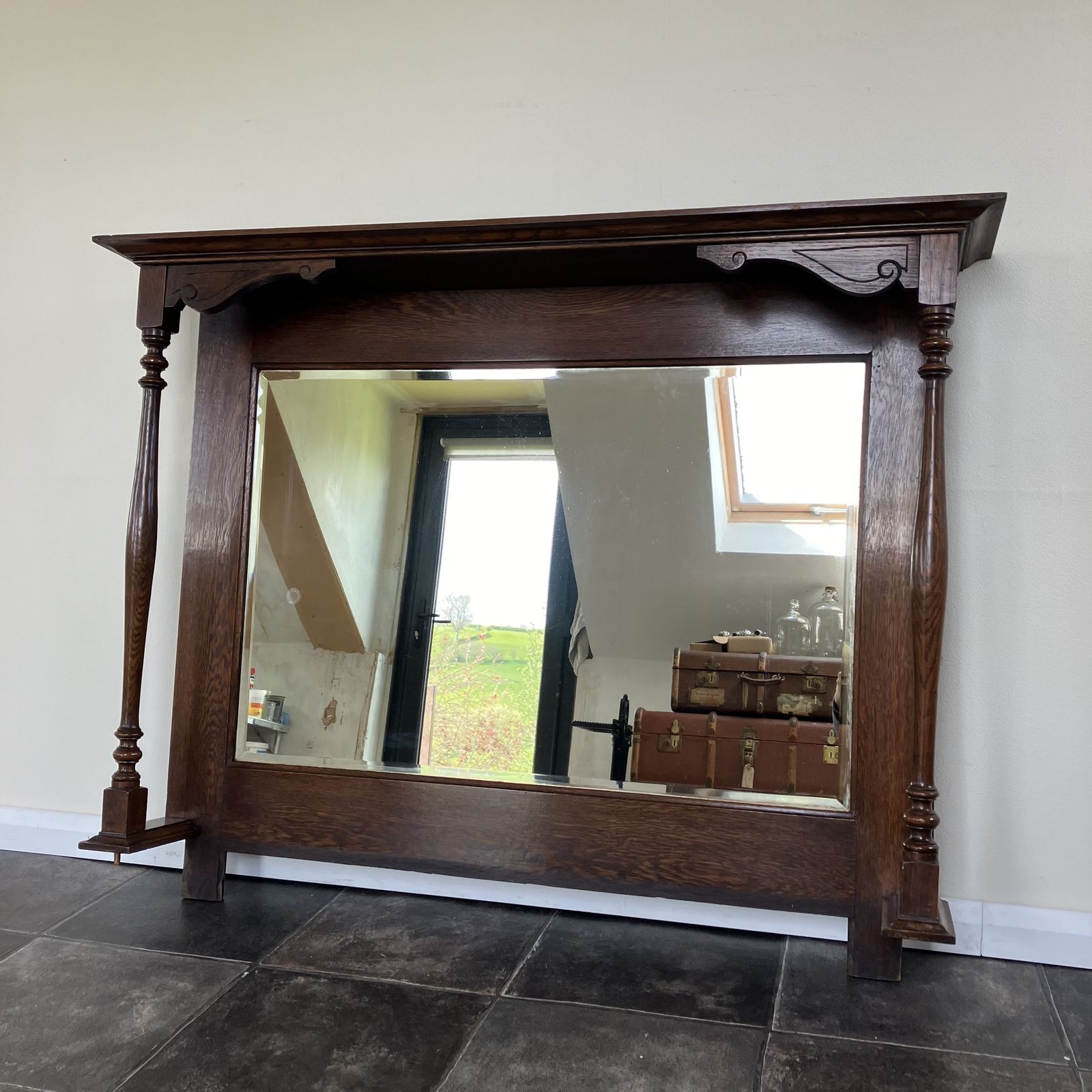 Reclaimed Salvaged Edwardian Oak Over Mantle Bevelled Wall Mirror photo for sale