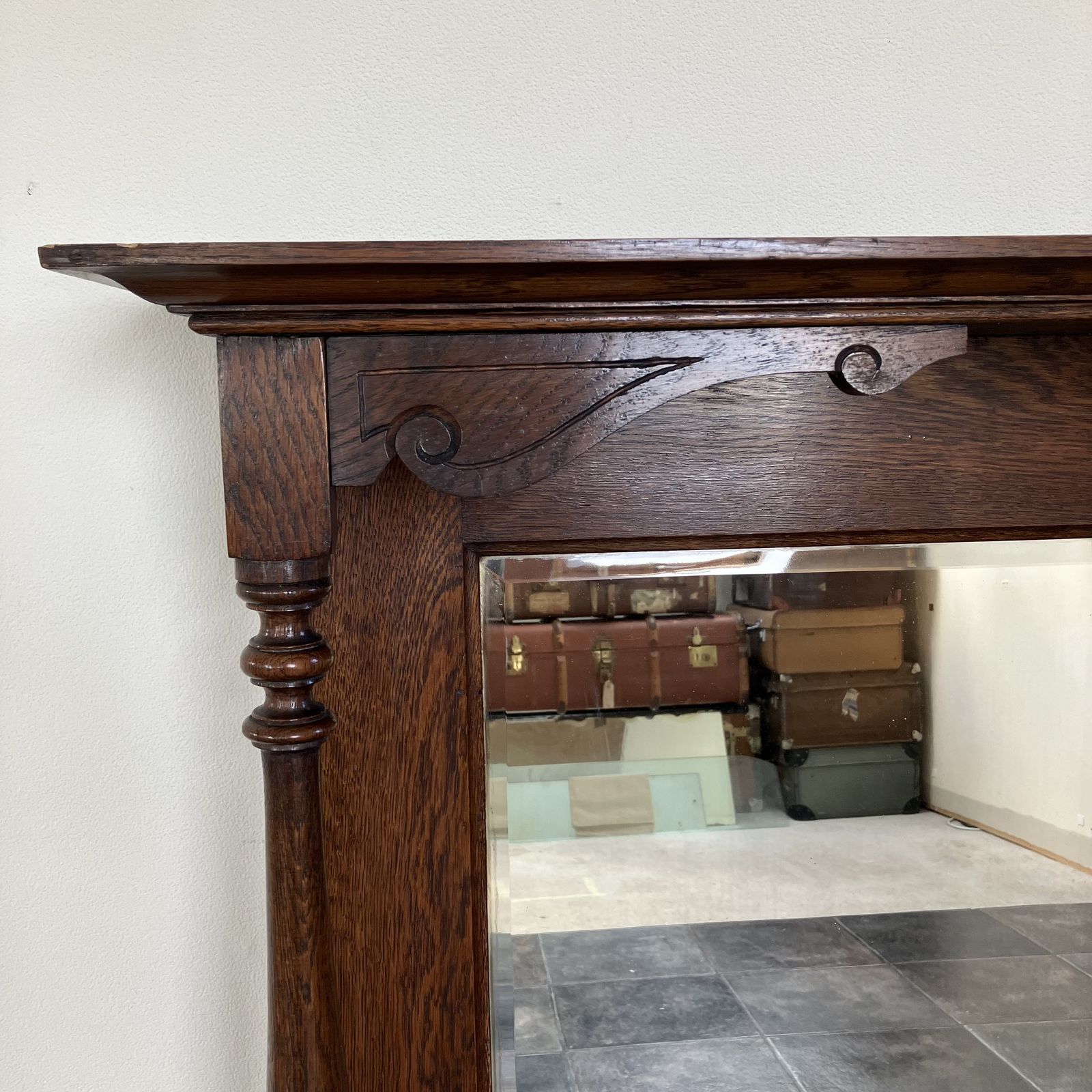 photo furniture Reclaimed Salvaged Edwardian Oak Over Mantle Bevelled Wall Mirror