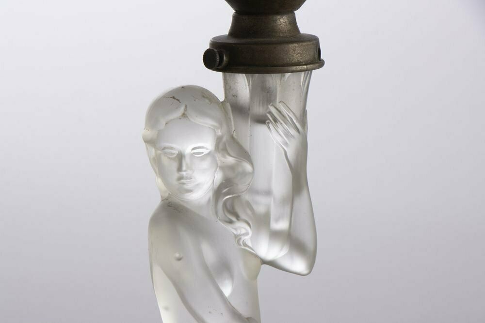 Art Deco Glass Table Lamp Of A Female Nude Holding A Torcher Lamp, British C.1930 photo 380.0