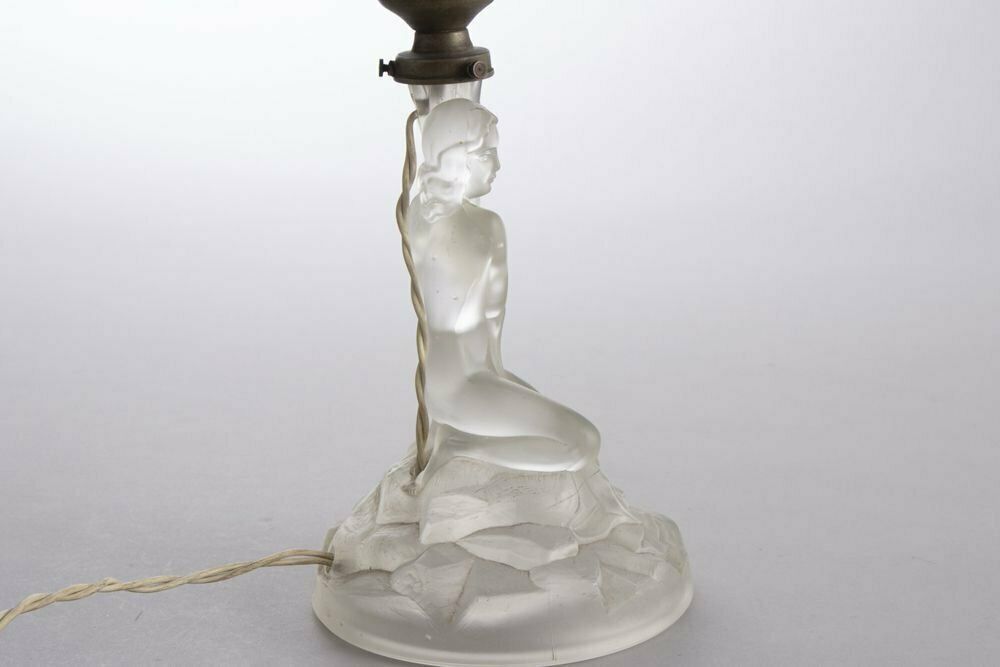 Art Deco Glass Table Lamp Of A Female Nude Holding A Torcher Lamp, British C.1930 photo vintage
