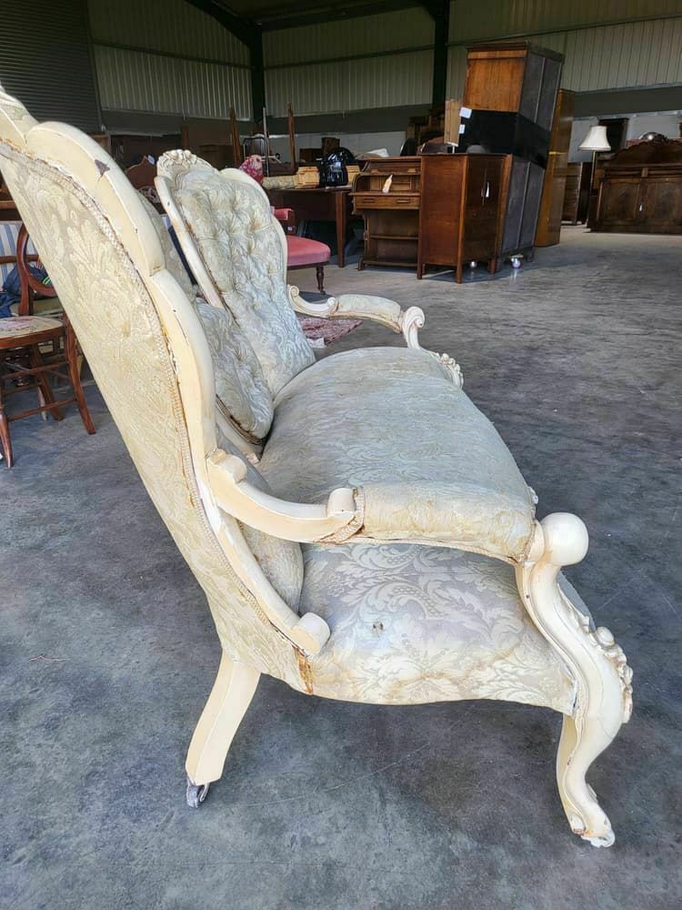 Antique French Louis Cream Wood Frame Sofa Love Seat Cabriole Legs photo vintage