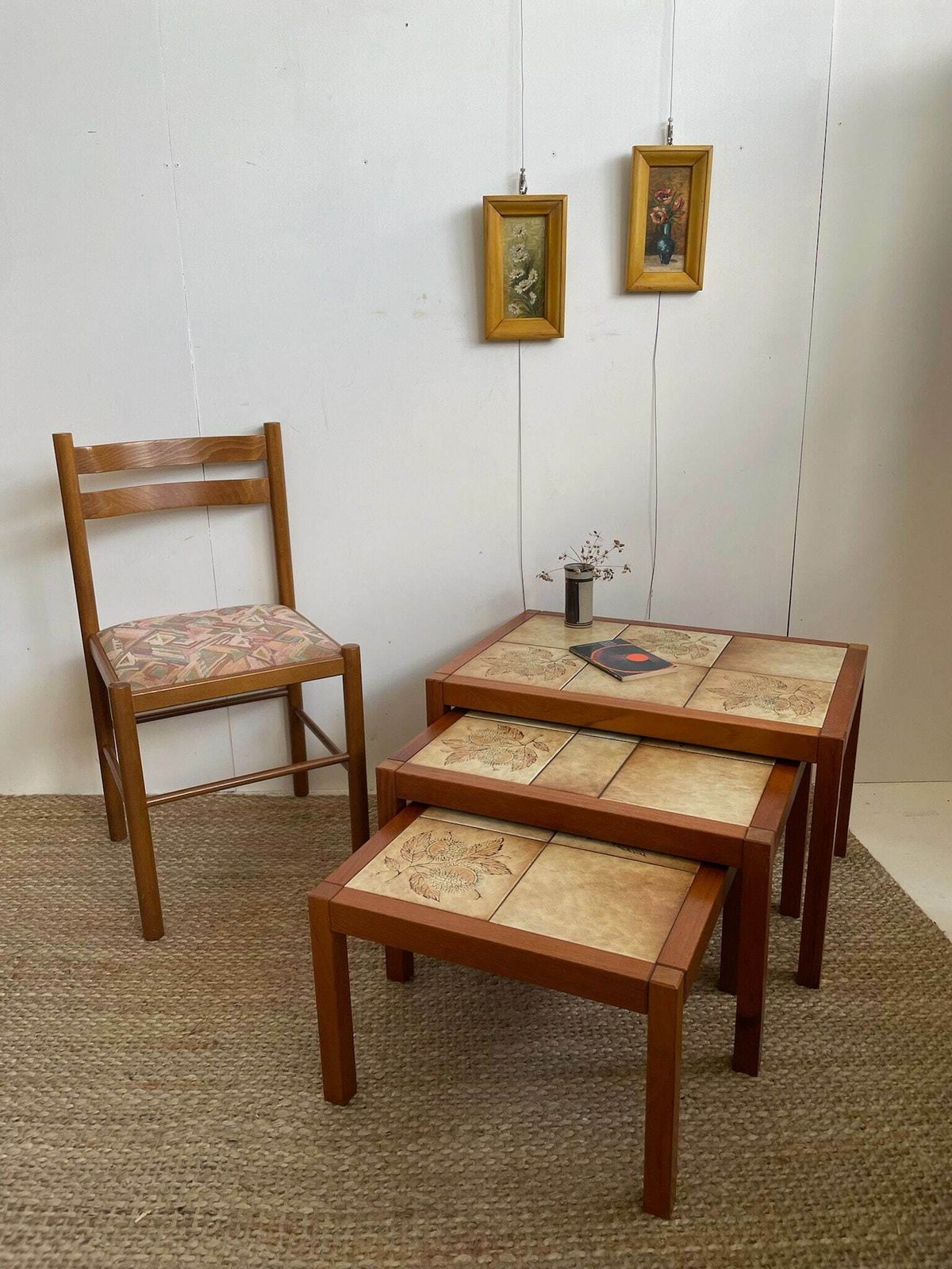 Nest Of 3 Danish Coffee Or Side Tables With Teak Frame And Tiled Tops With Leaf Design photo furniture