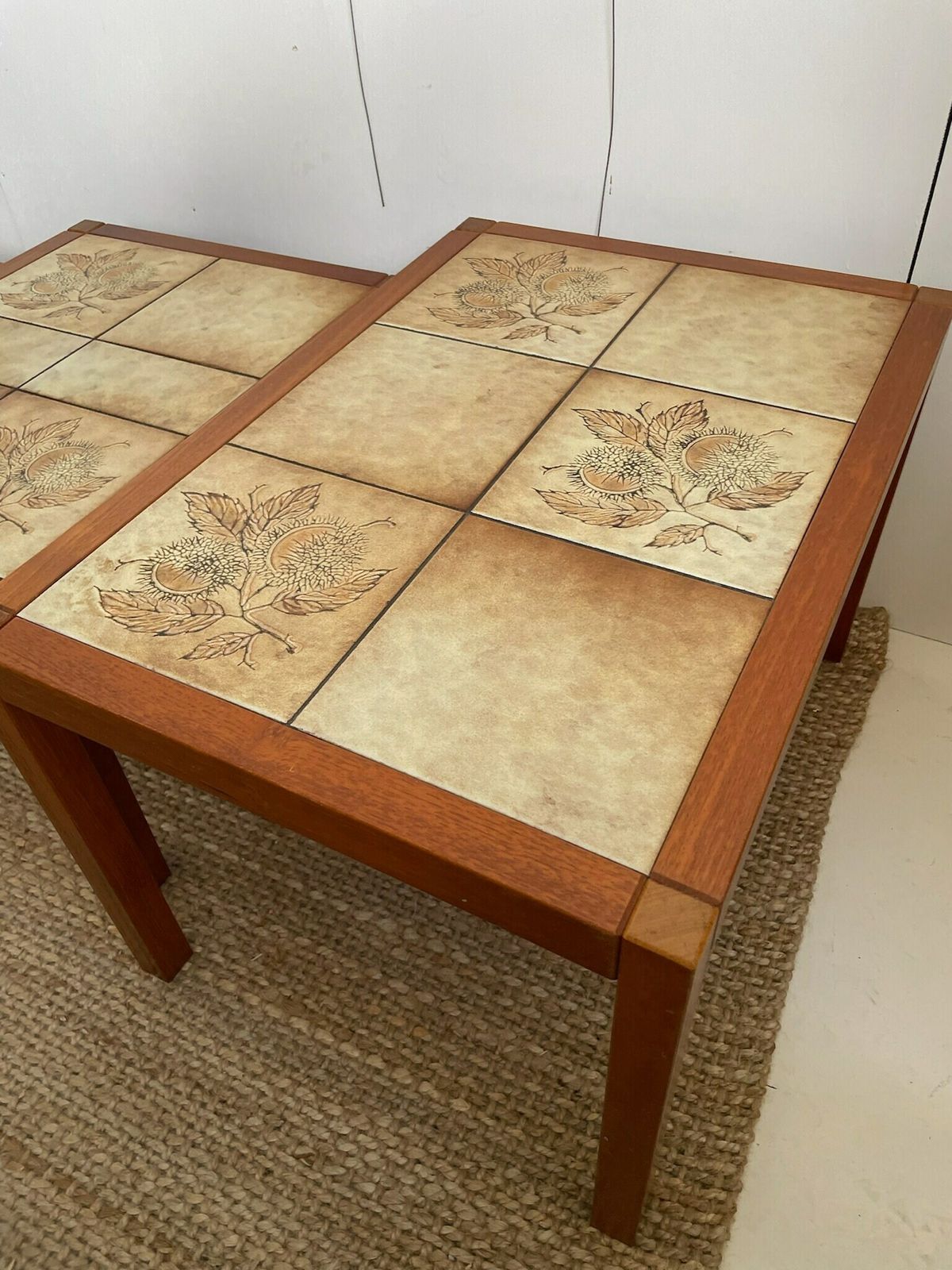Nest Of 3 Danish Coffee Or Side Tables With Teak Frame And Tiled Tops With Leaf Design photo vintage