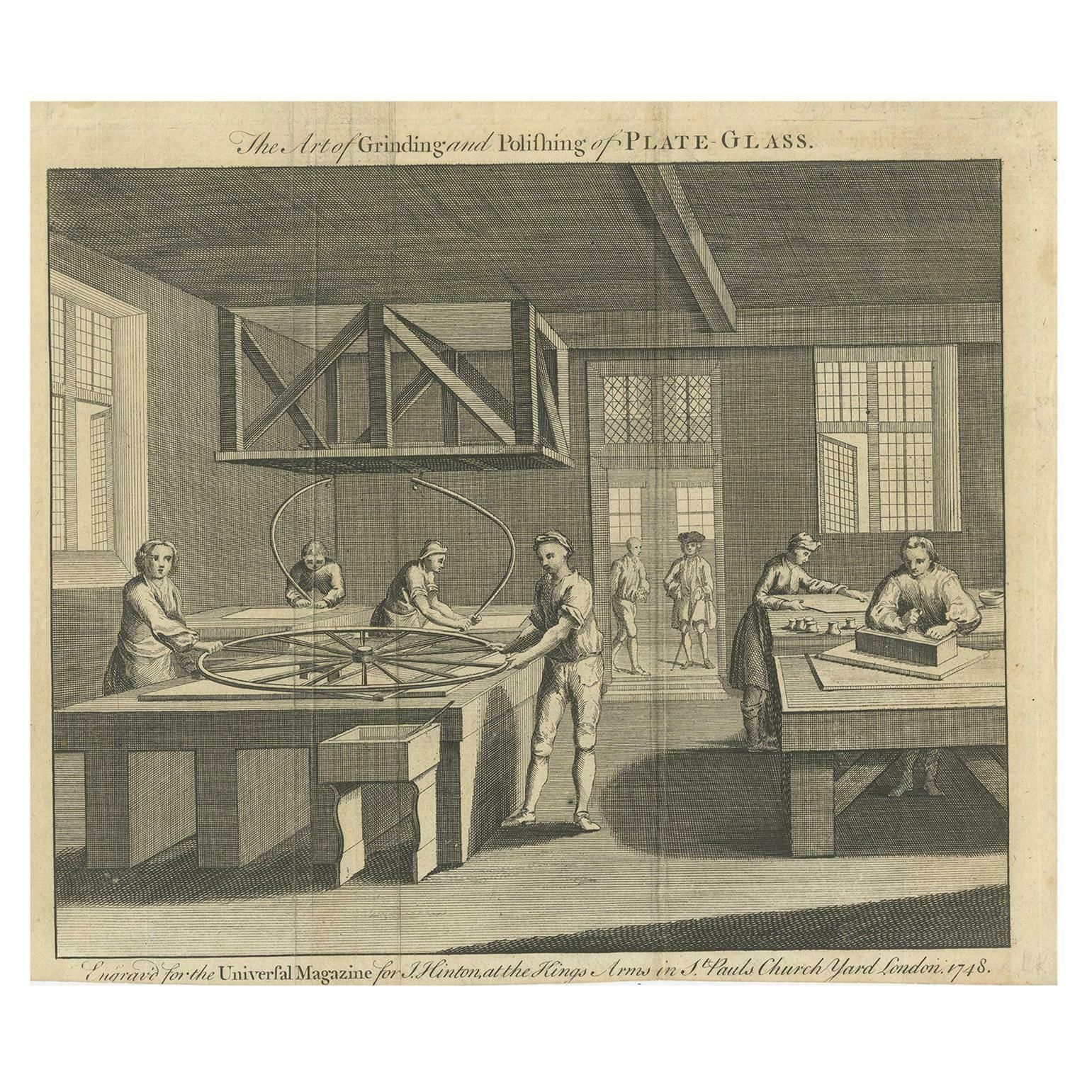Antique Print Of Men Grinding And Polishing Plate Glass By Hinton, 17481748